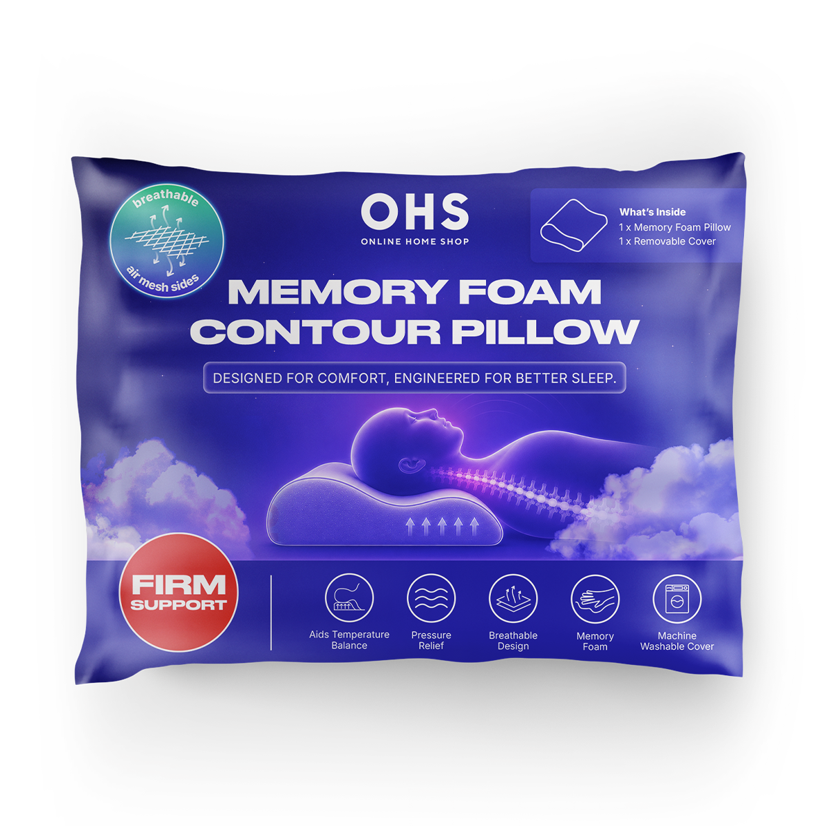 OHS Contour Memory Foam Pillow - White>