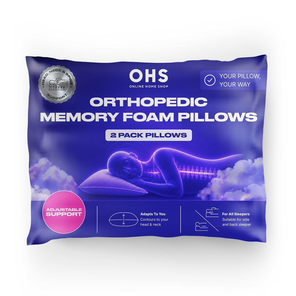 OHS Twin Pack Memory Foam Pillows - White>