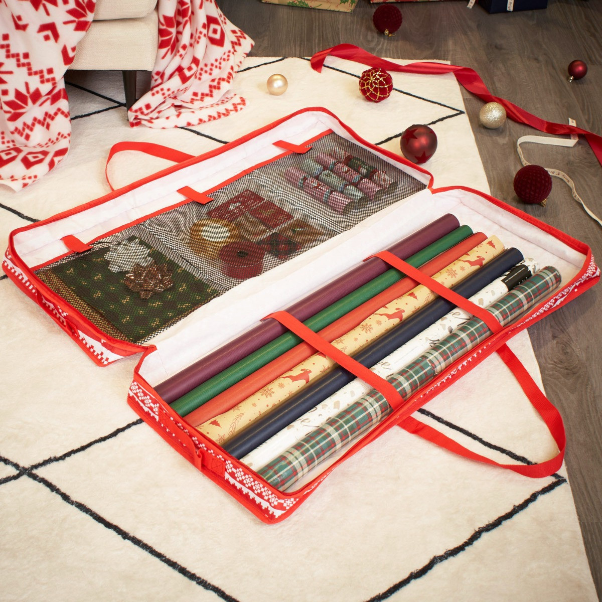 OHS Christmas Nordic Print Wrap Storage Bag - Red>