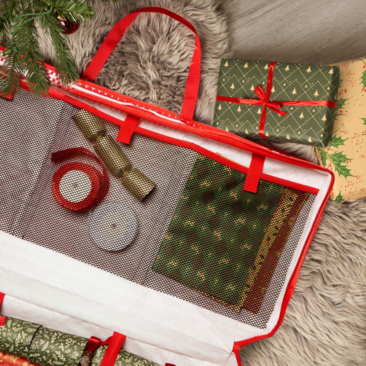 OHS Christmas Nordic Print Wrap Storage Bag - Red>