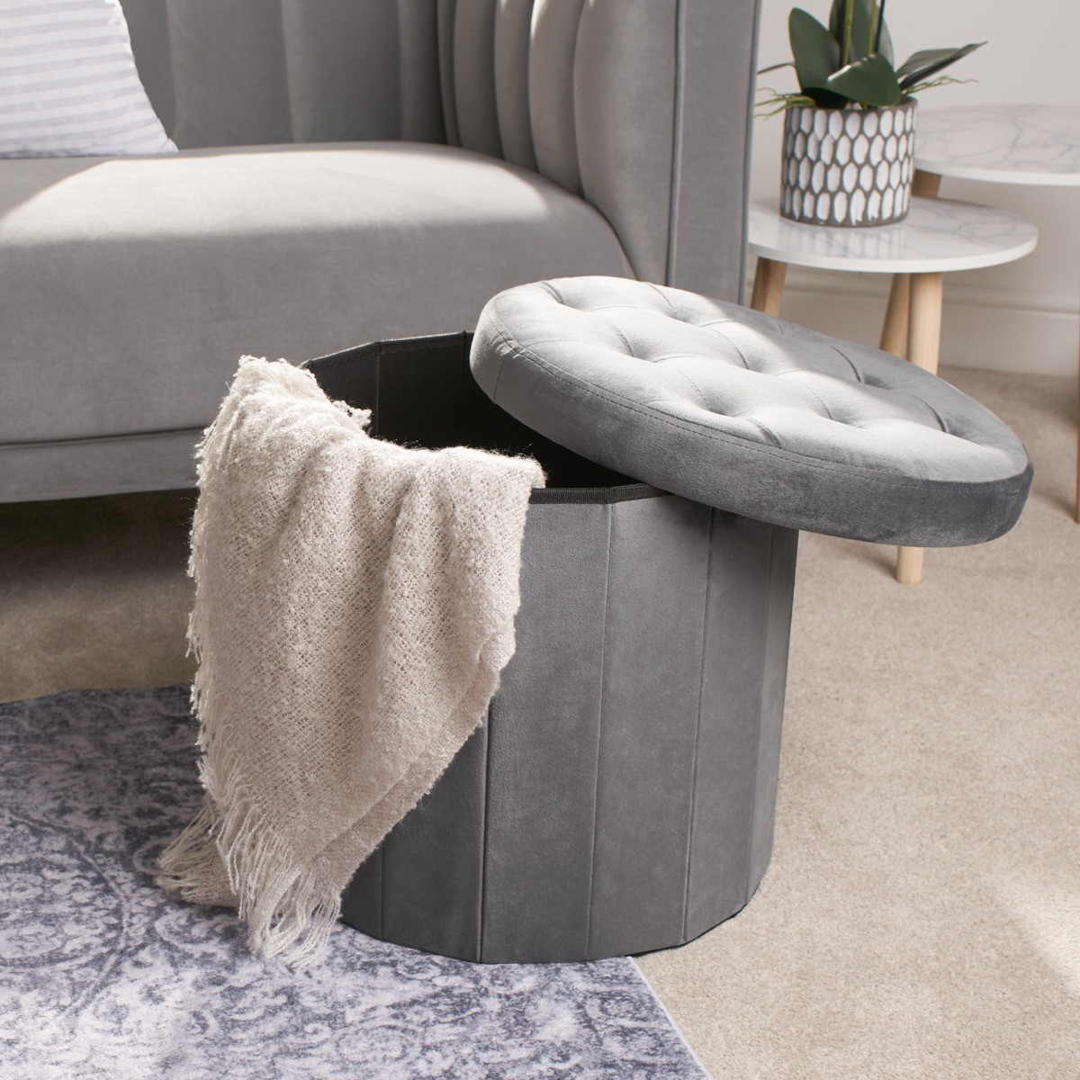 OHS Matte Velvet Foldable Round Storage Ottoman - Charcoal>