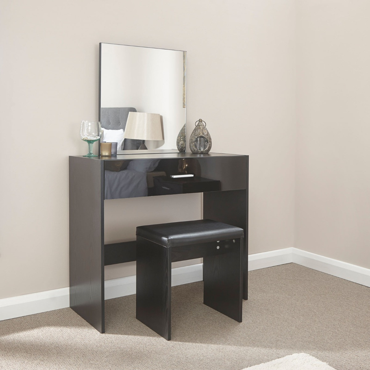 Ottawa Dressing Table with Stool Set - Black>