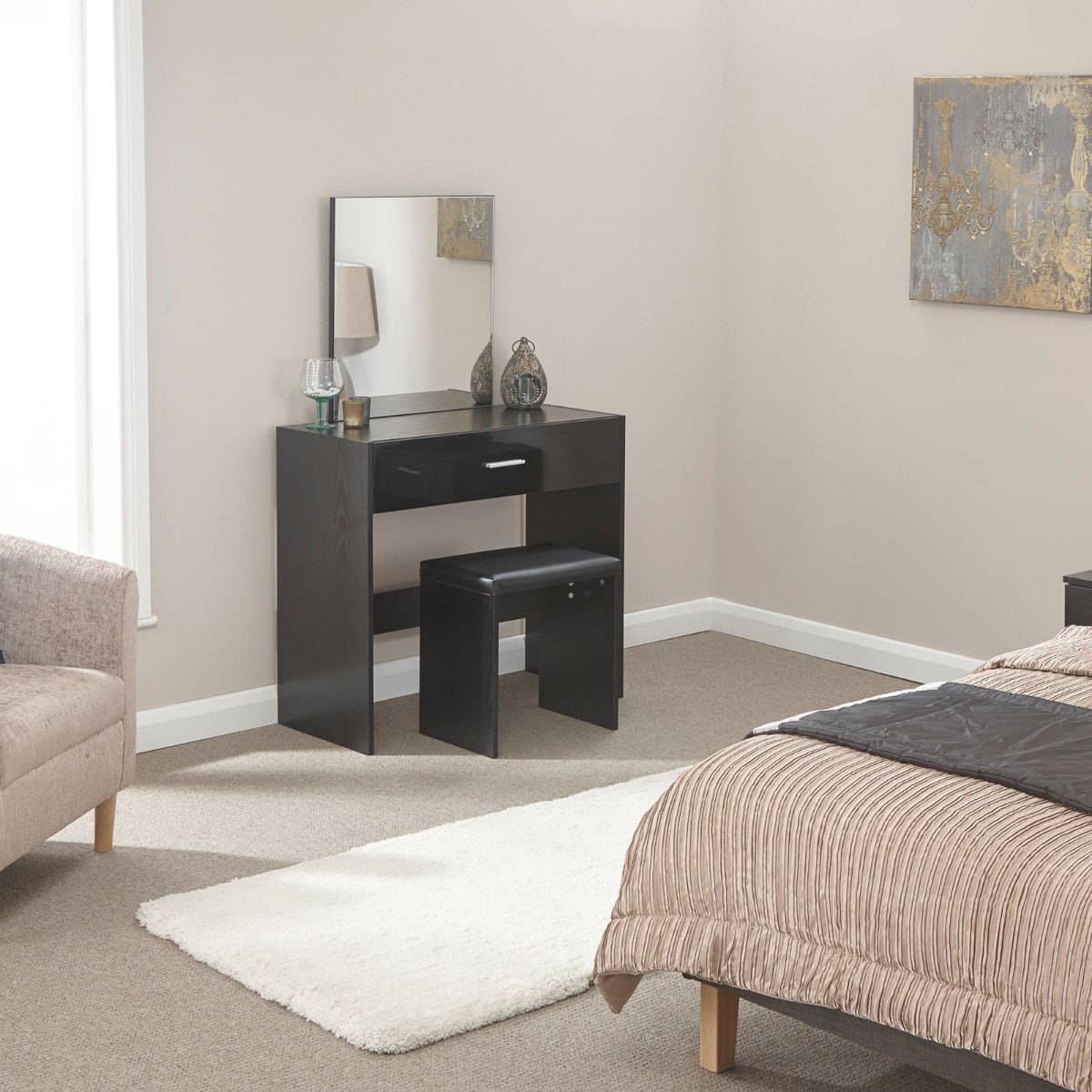 Ottawa Dressing Table with Stool Set - Black>
