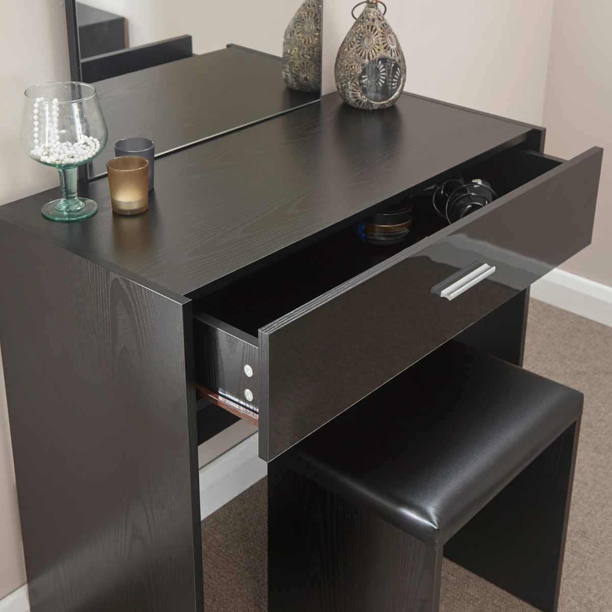 Ottawa Dressing Table with Stool Set - Black>