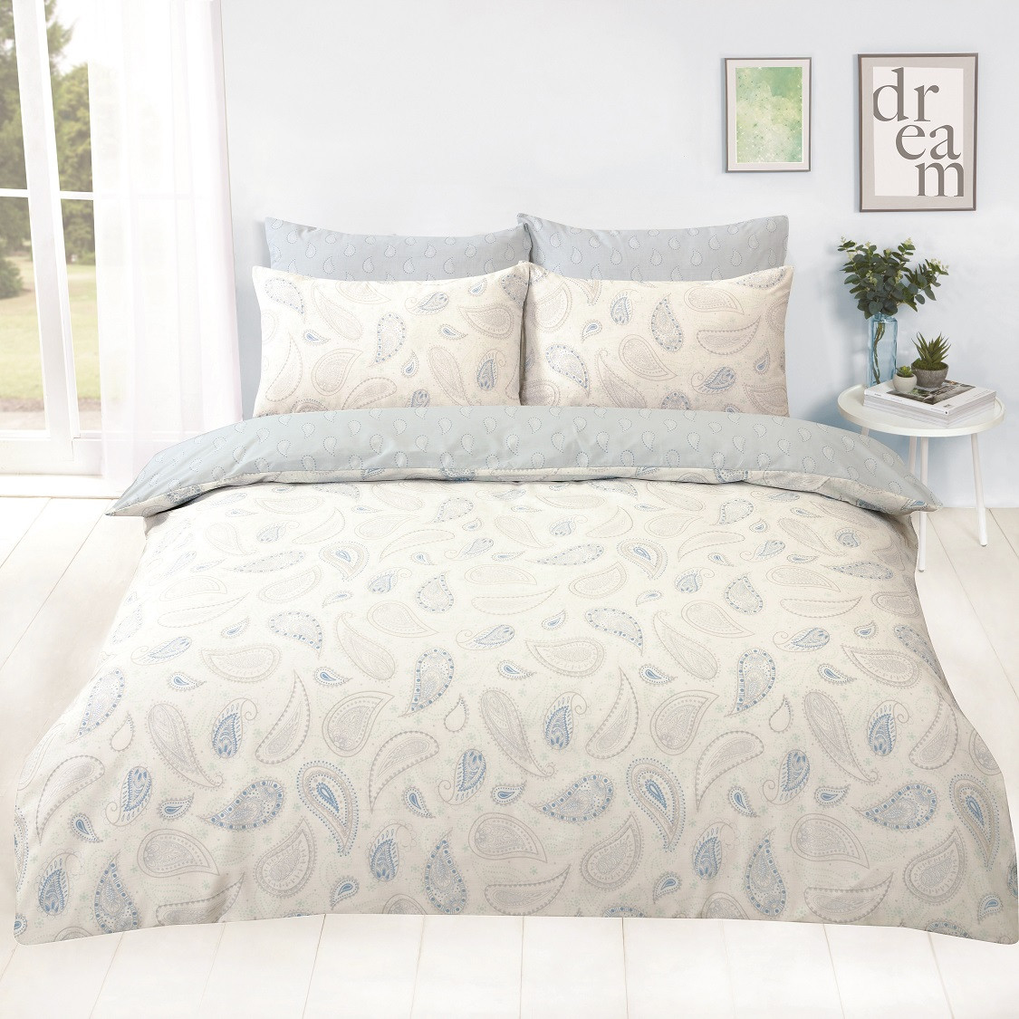 OHS Paisley Floral Duvet Cover Set, Blue - Single>