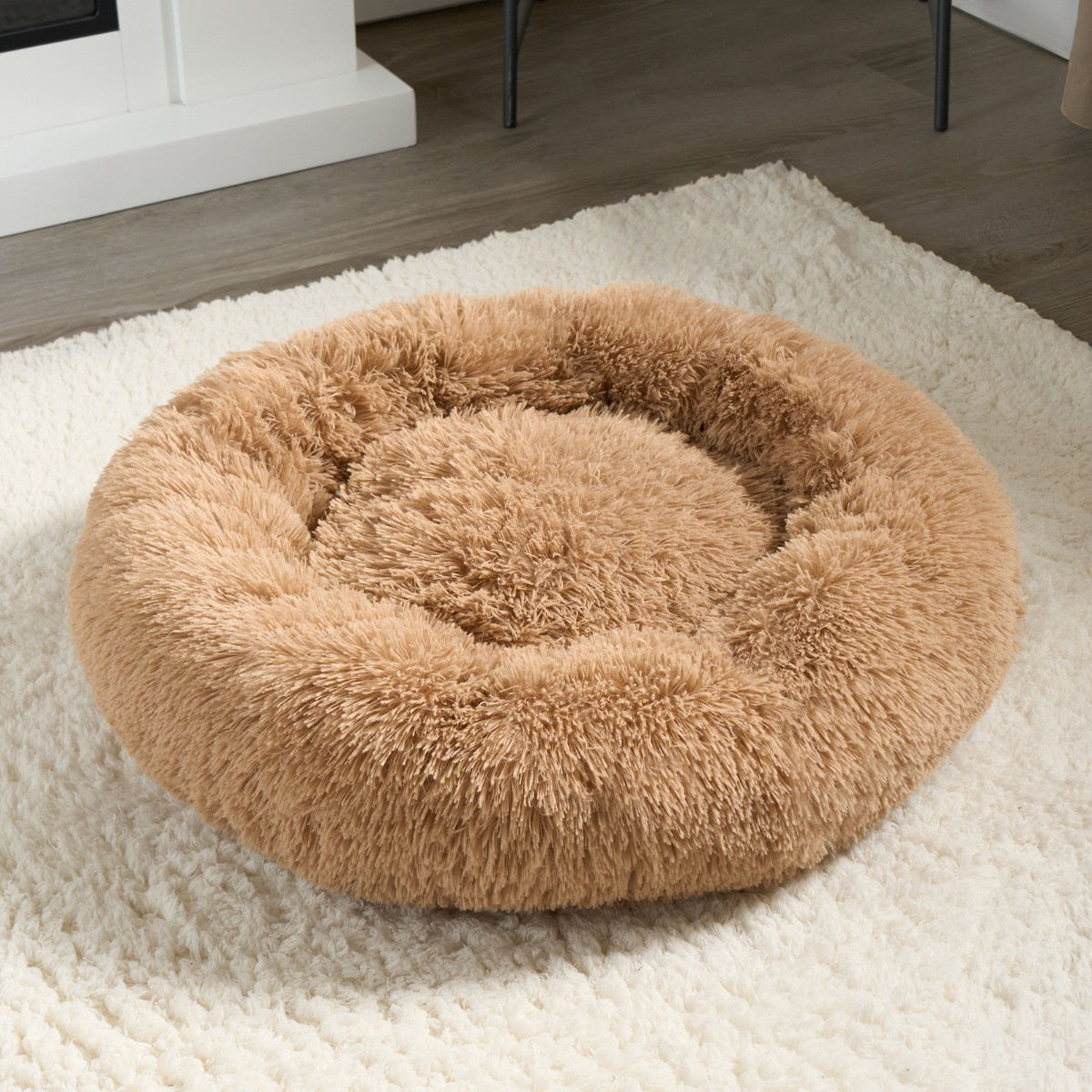 OHS Fluffy Round Calming Pet Bed, Natural - Medium>