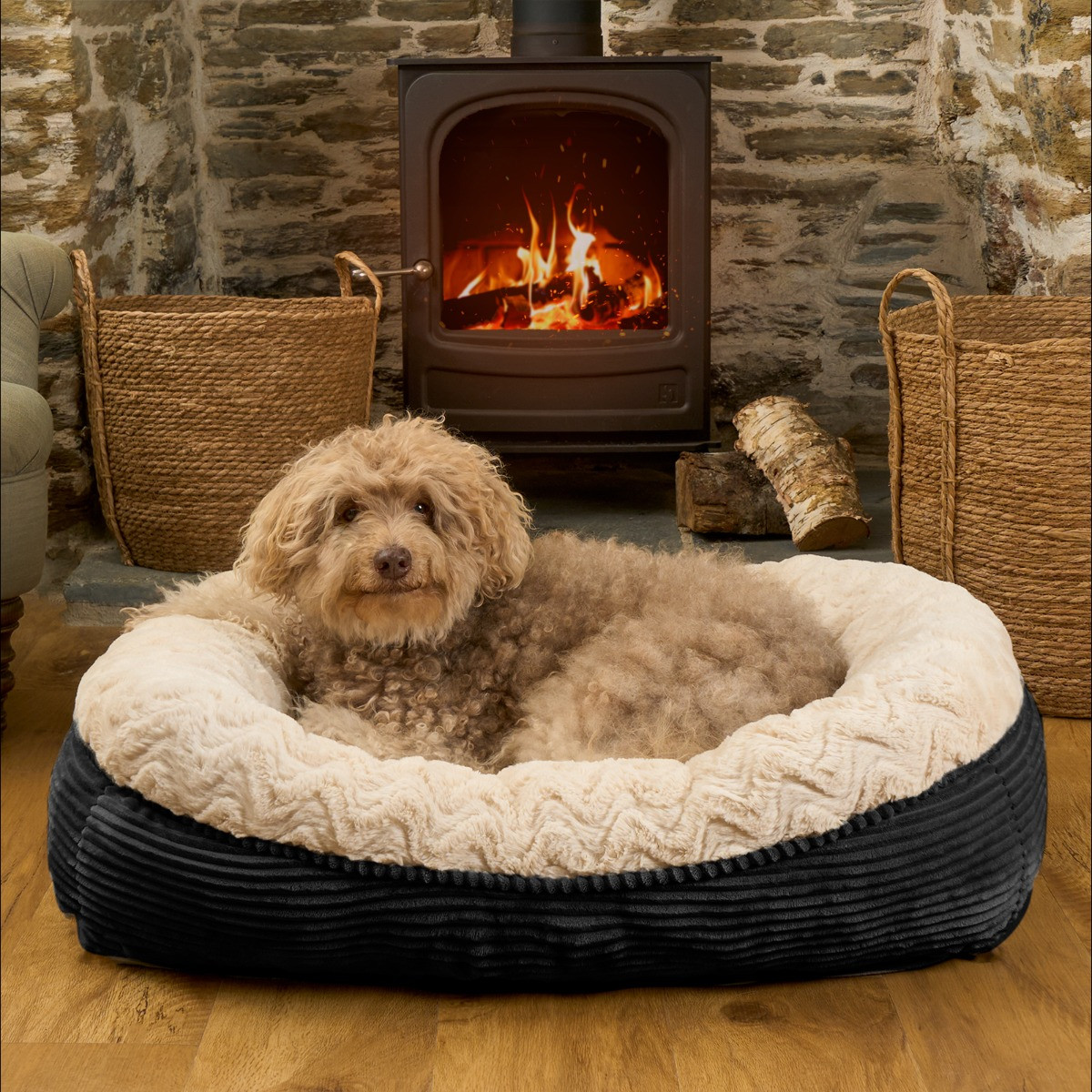 OHS Soft Faux Fur Ribbed Pet Bed, Cream/Black - Extra Large>