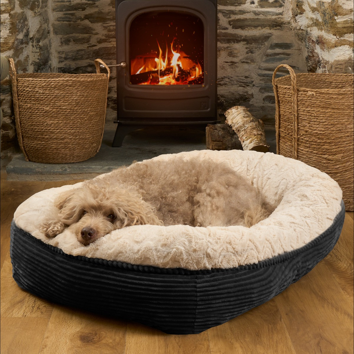 OHS Soft Faux Fur Ribbed Pet Bed, Cream/Black - Extra Large>
