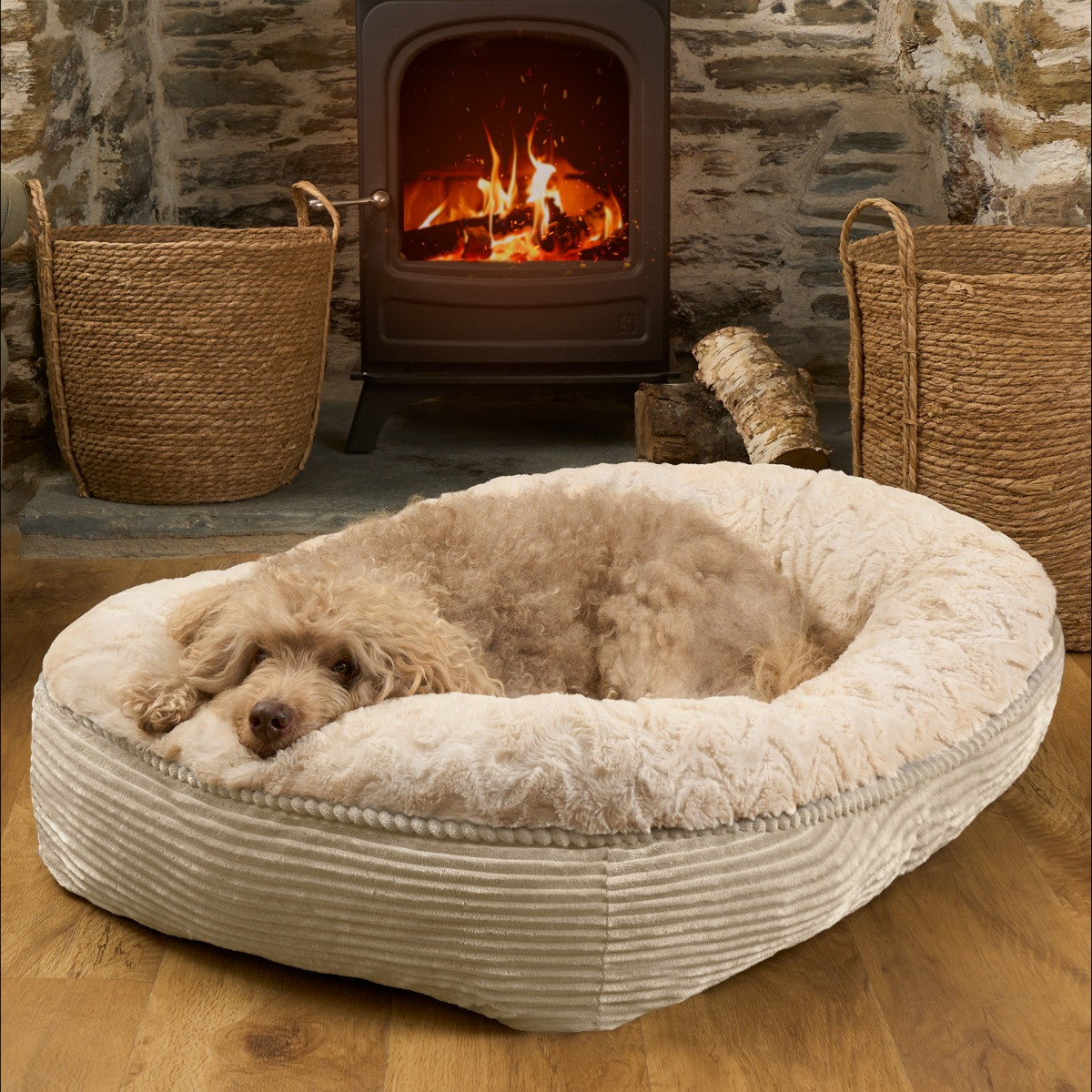 OHS Soft Faux Fur Ribbed Pet Bed, Cream- Extra Large>