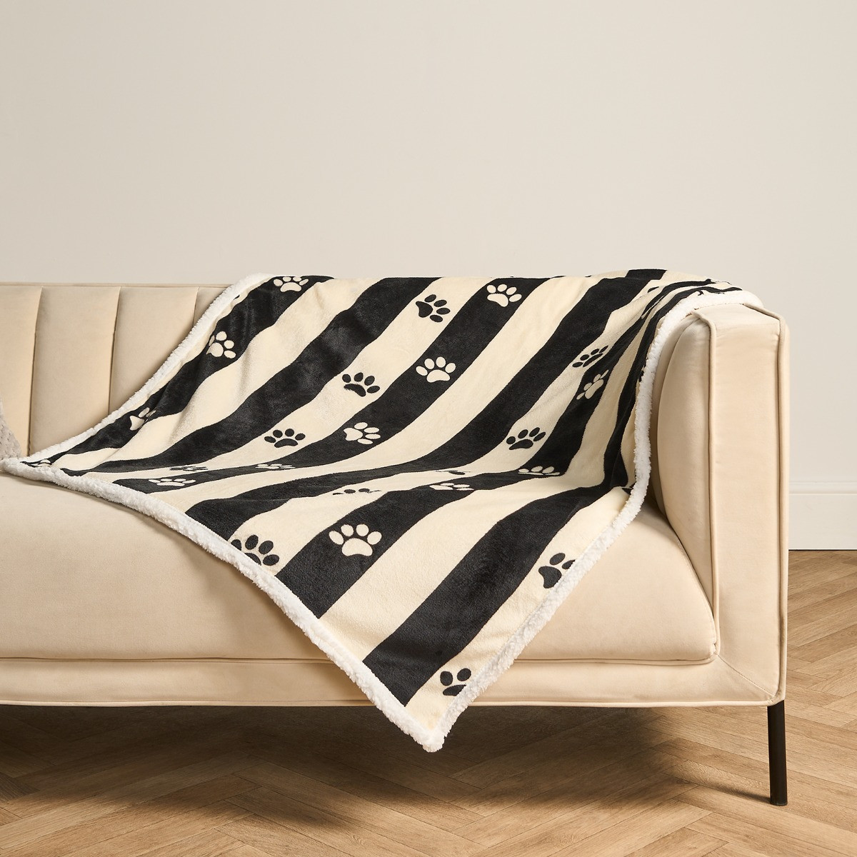 OHS Stripe Paw Print Sherpa Reverse Throw - Monochrome>