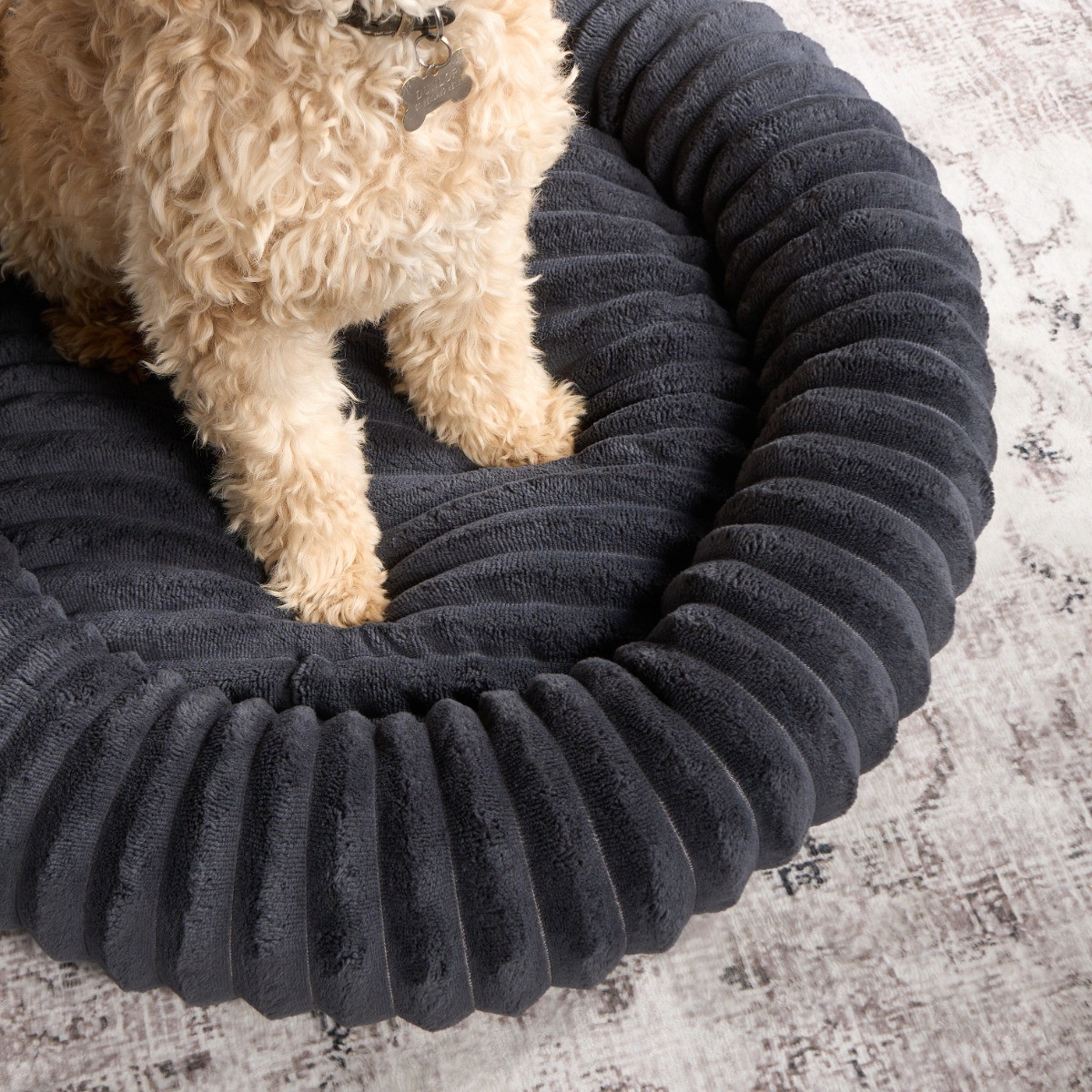 OHS Faux Fur Ribbed Round Pet Bed, Charcoal - Large>