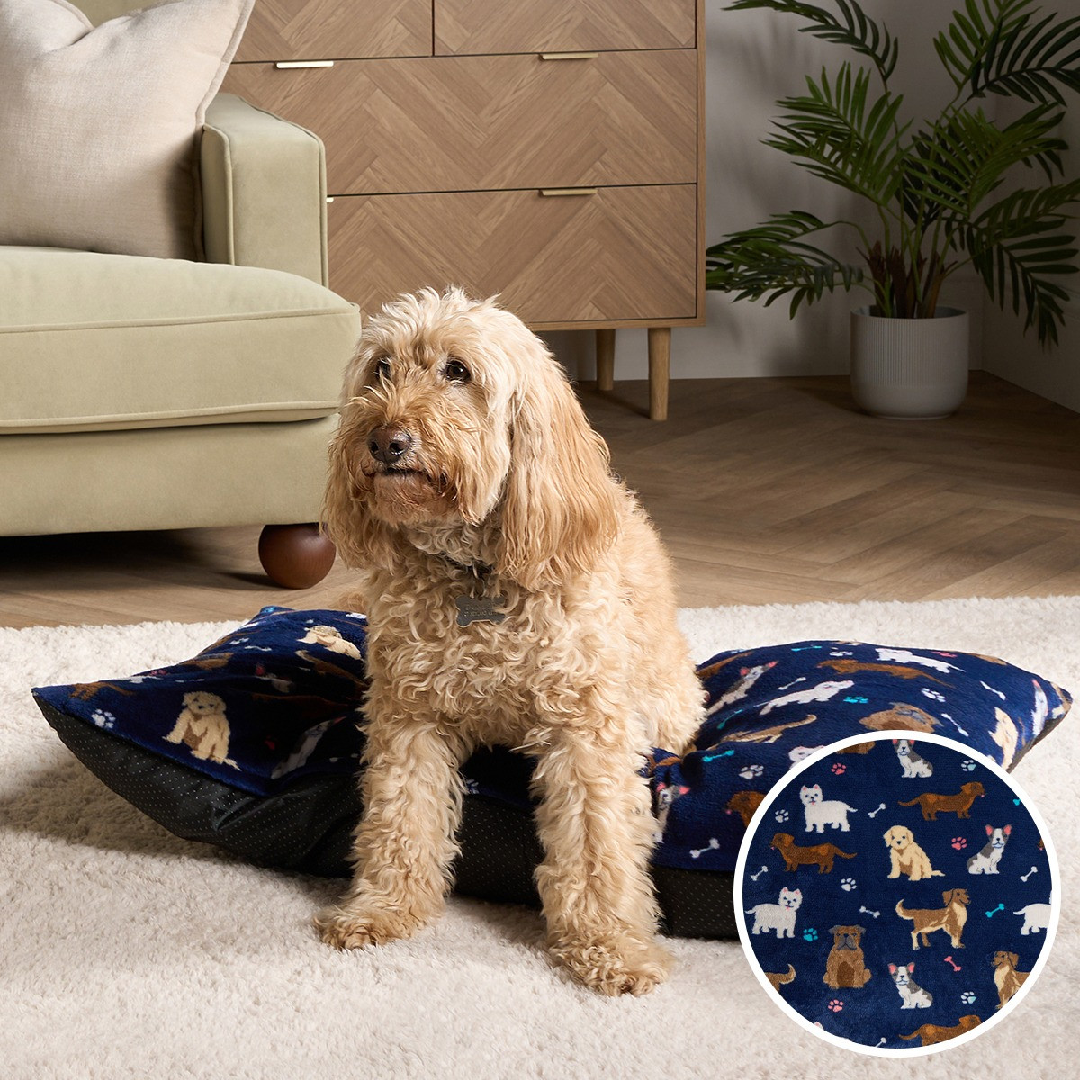 OHS Dog Printed Pet Bed - Navy>