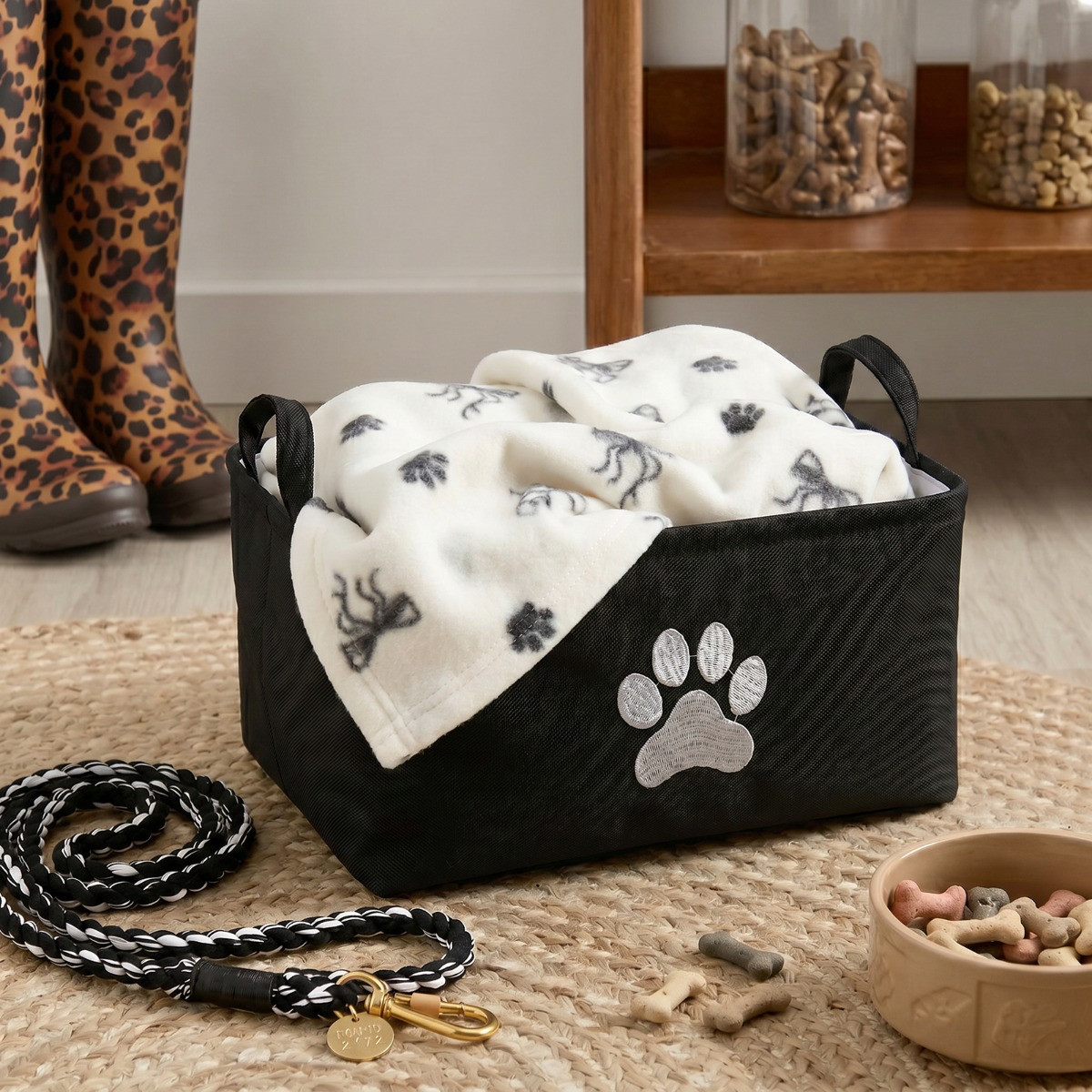 OHS Pet Paw Embroidered Storage Basket - Black>