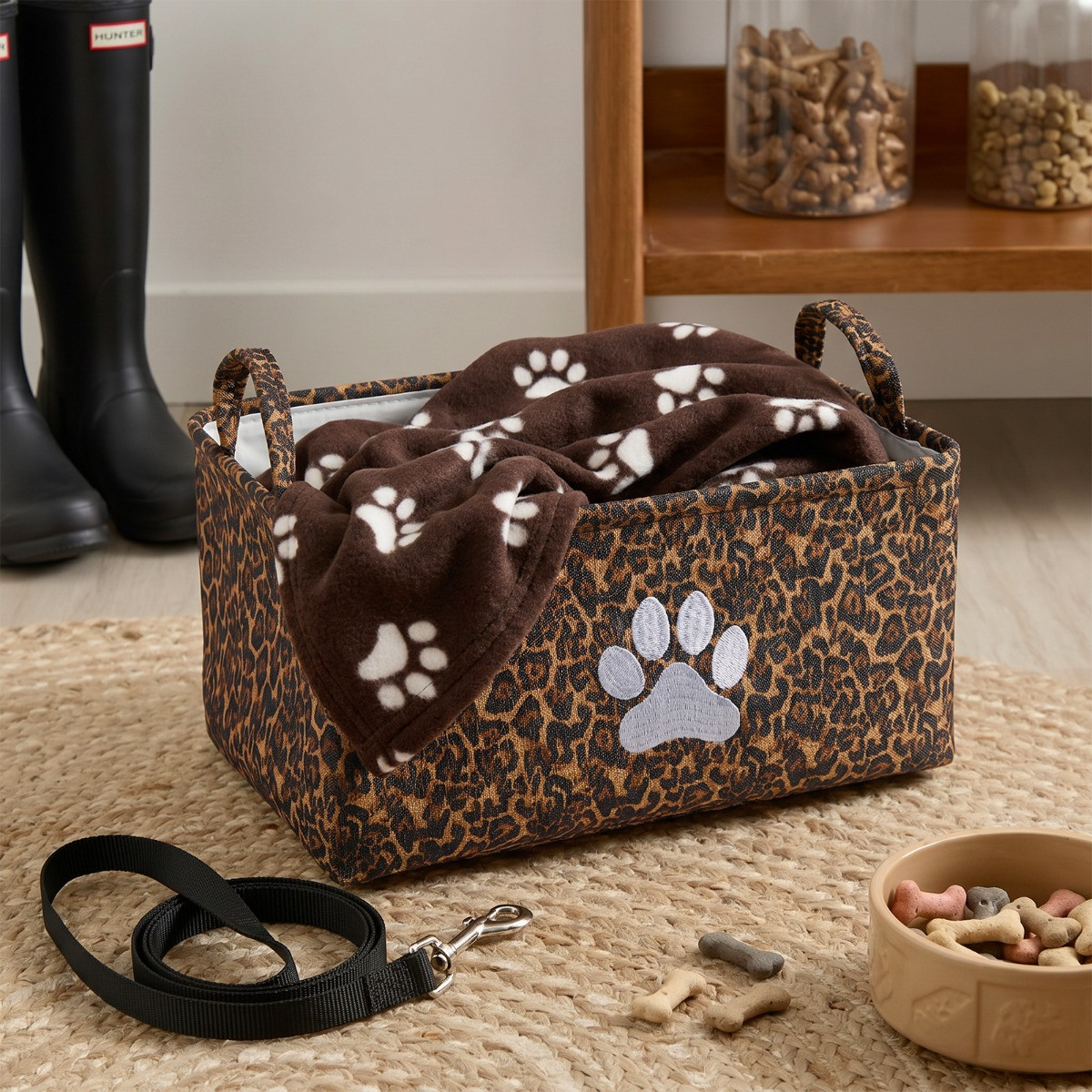OHS Leopard Print Pet Paw Embroidered Storage Basket - Natural>