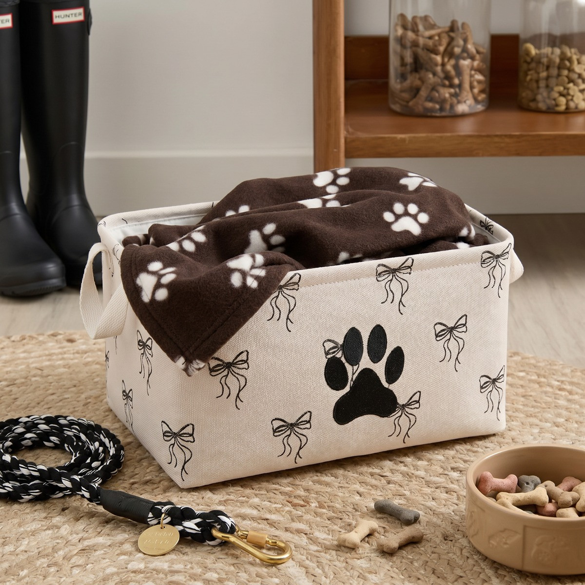 OHS Bow Print Pet Paw Embroidered Storage Basket - Monochrome>