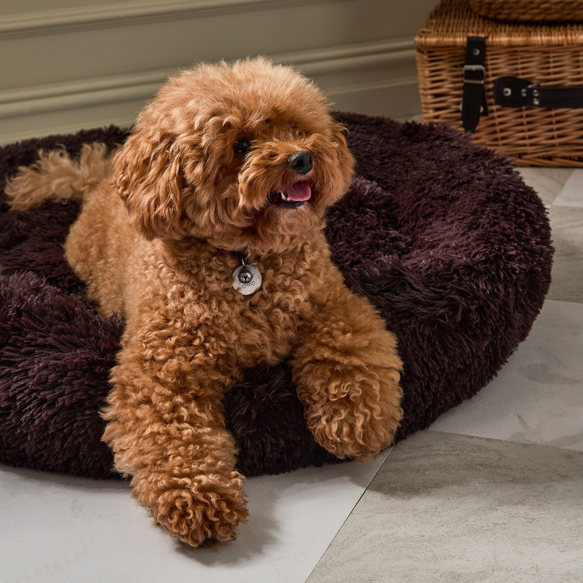 OHS Fluffy Round Calming Pet Bed - Brown>