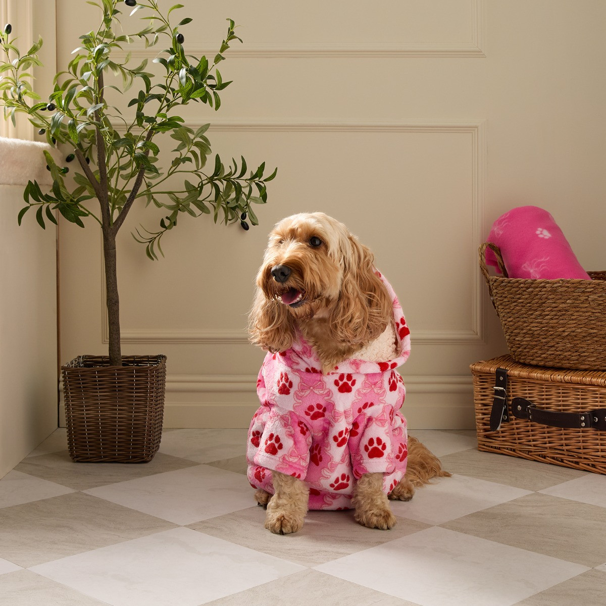 OHS Lattice Bow Print Dog Hoodie Blanket - Pink>