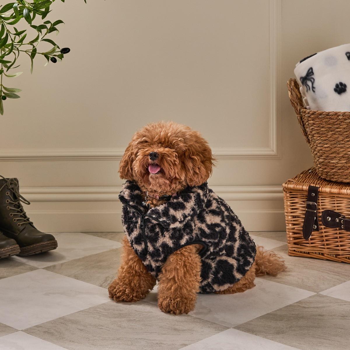 OHS Leopard Print Teddy Half Zip Dog Fleece - Natural>