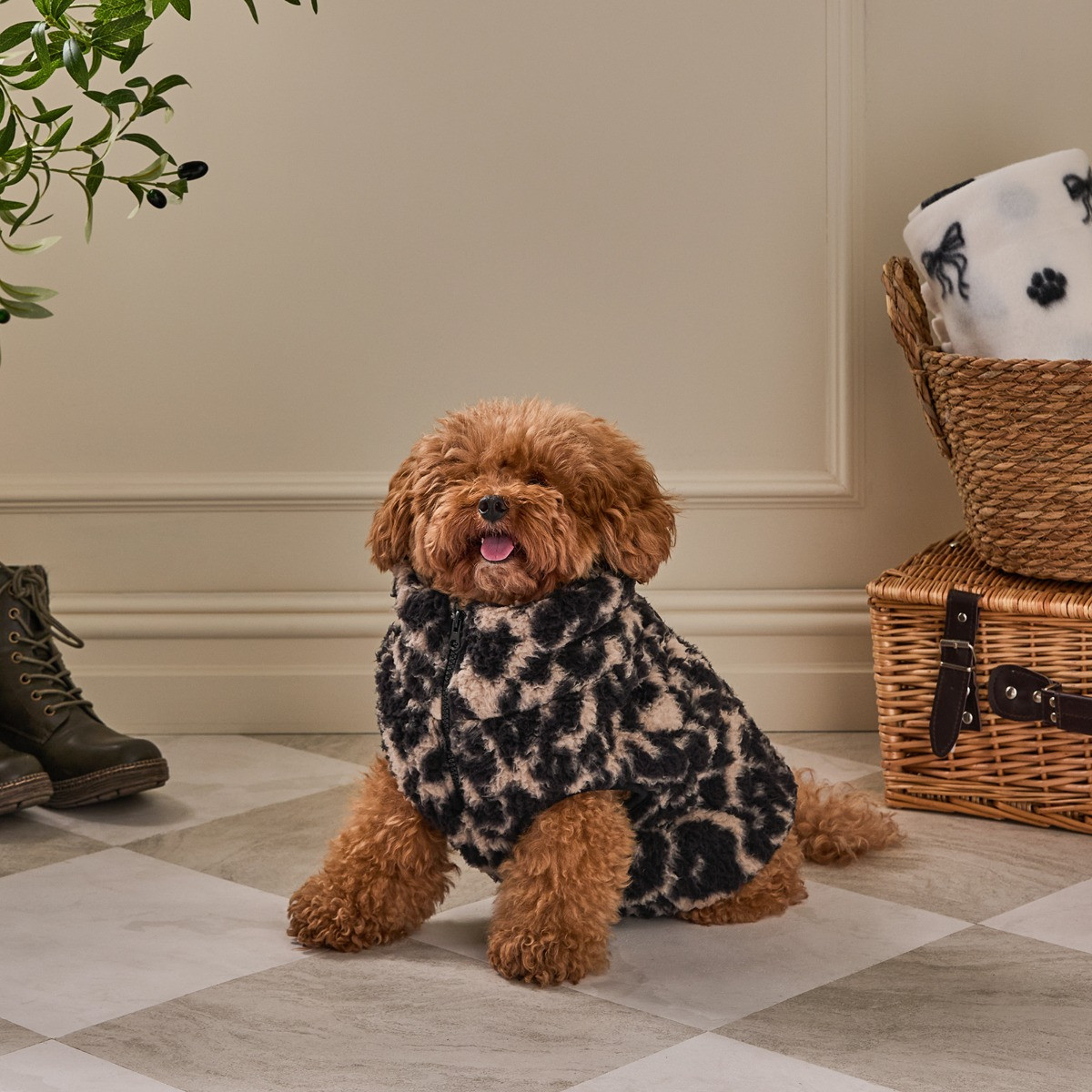 OHS Leopard Print Teddy Half Zip Dog Fleece - Natural>