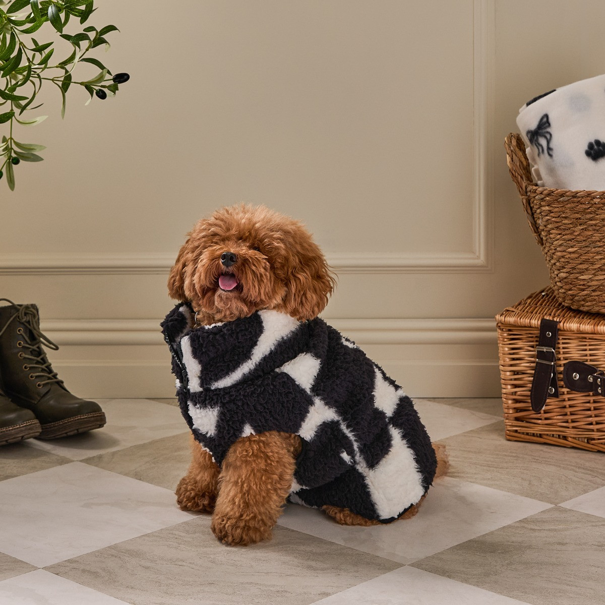 OHS Geometric Print Teddy Half Zip Dog Fleece - Monochrome>