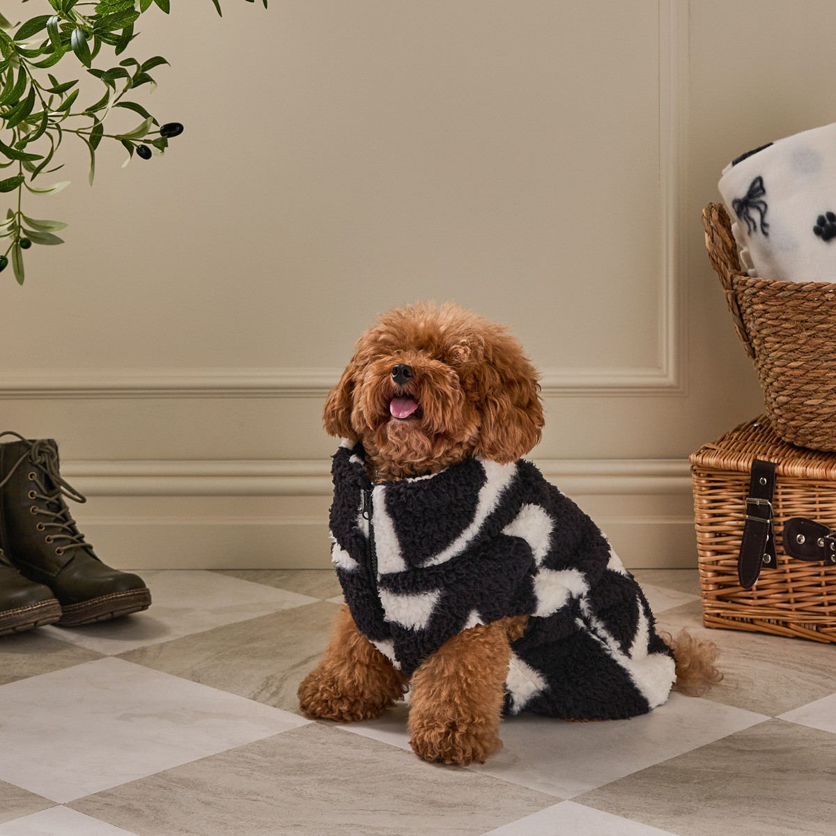 OHS Geometric Print Teddy Half Zip Dog Fleece - Monochrome>