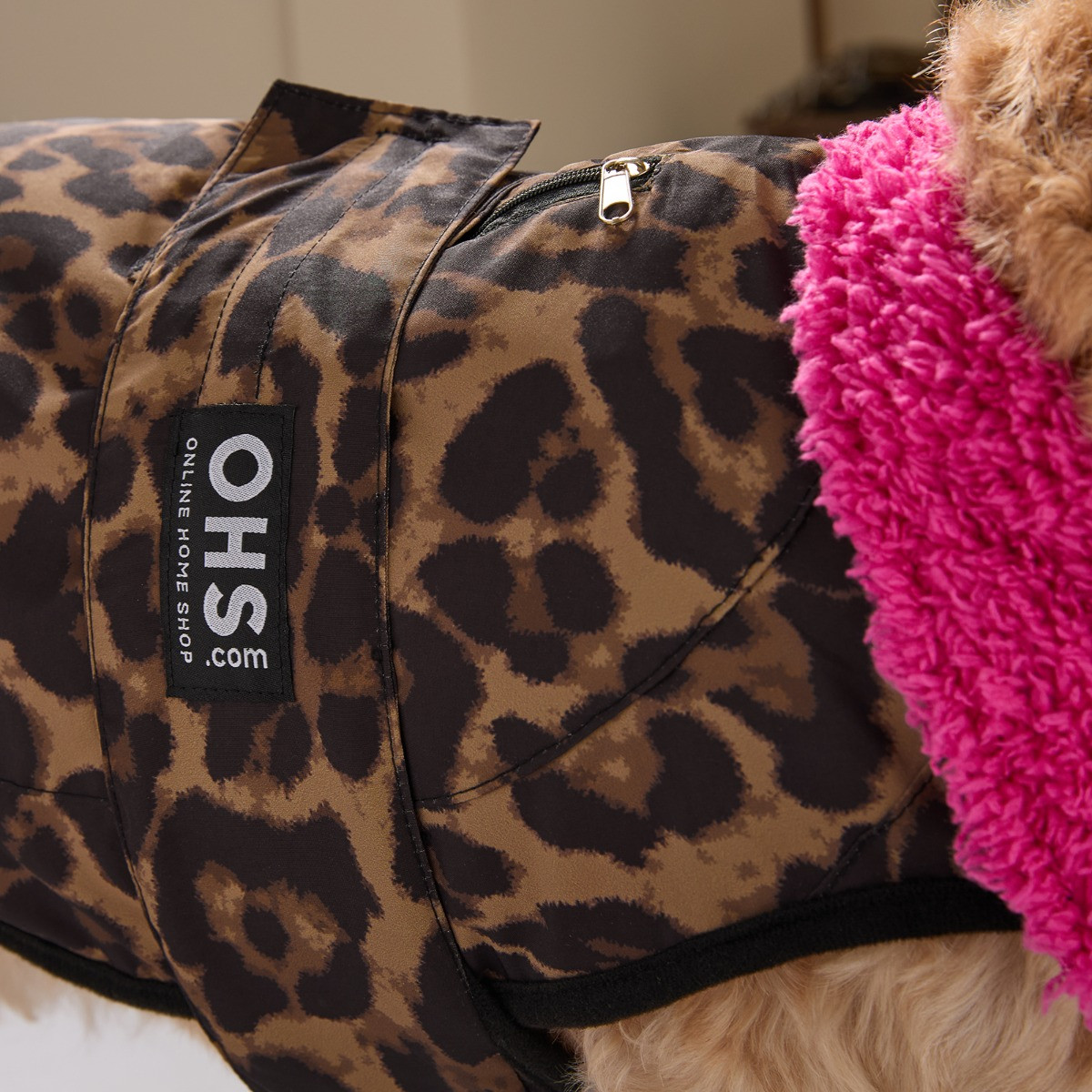 OHS Leopard Print Dog Drying Robe - Natural/Pink>