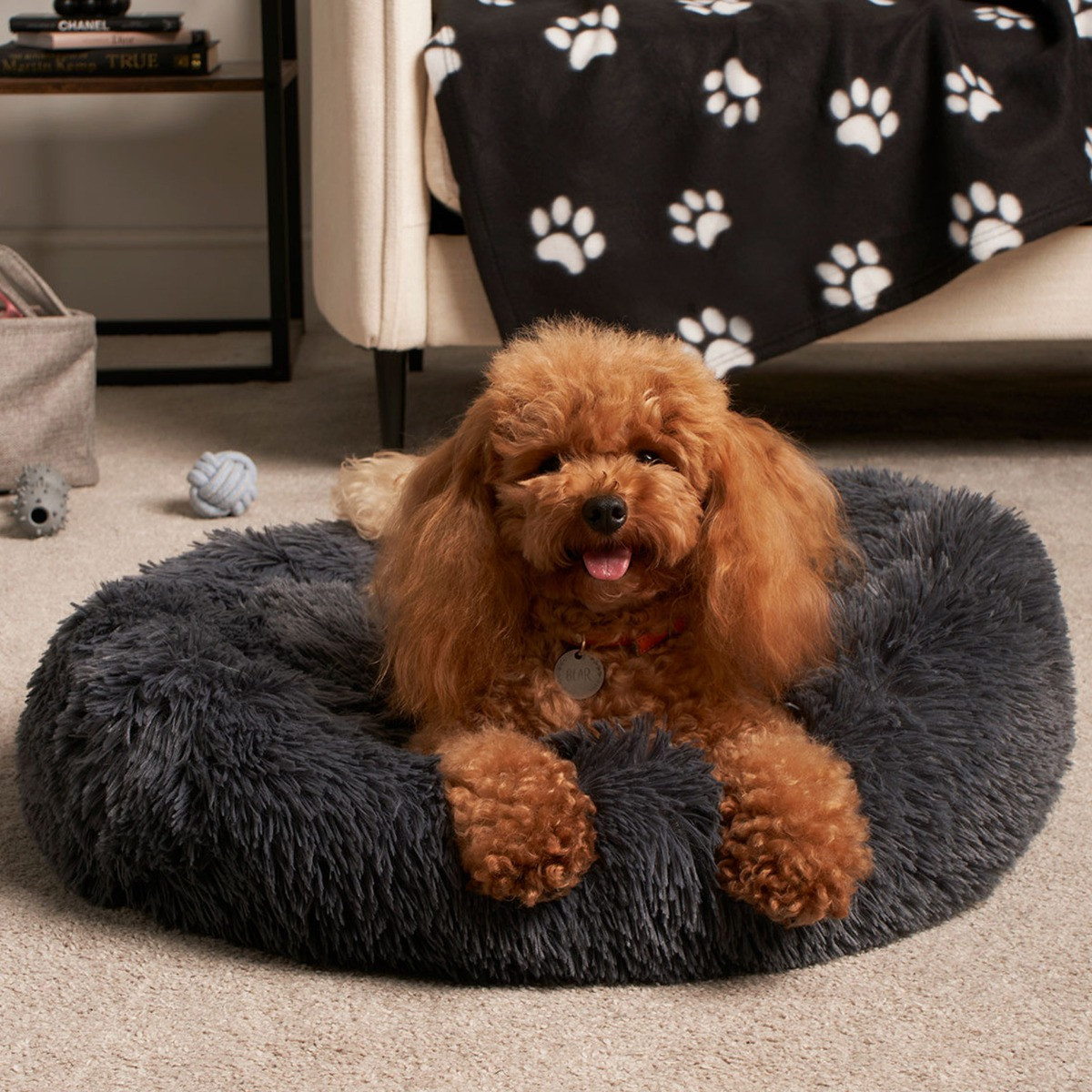OHS Fluffy Round Calming Pet Bed, Charcoal - Large>