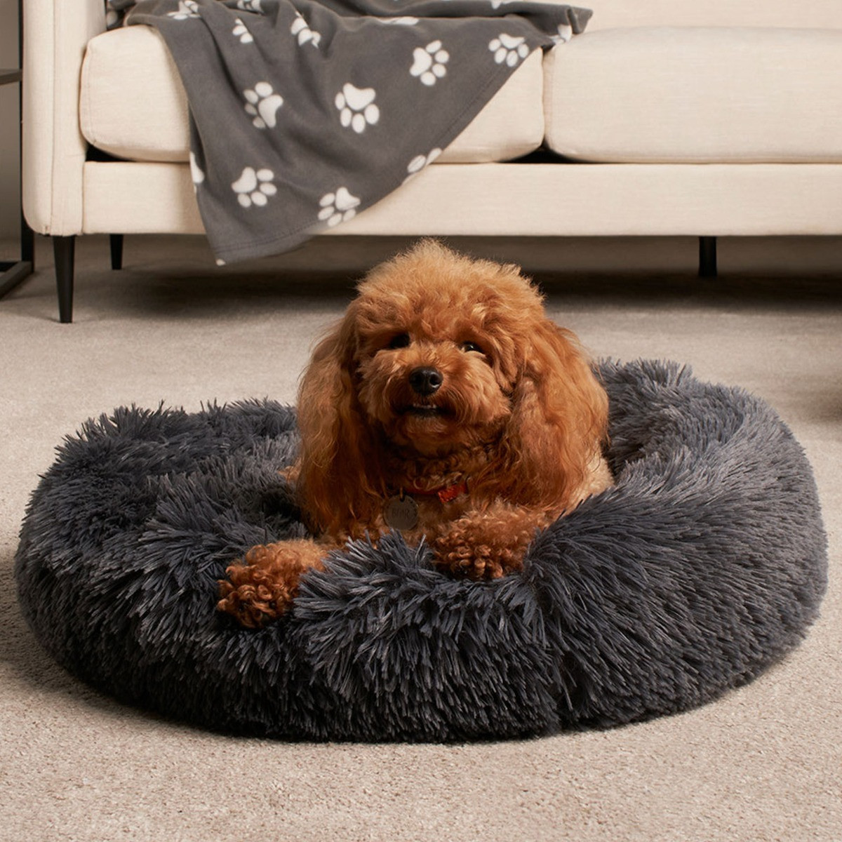 OHS Fluffy Round Calming Pet Bed, Charcoal - Medium>