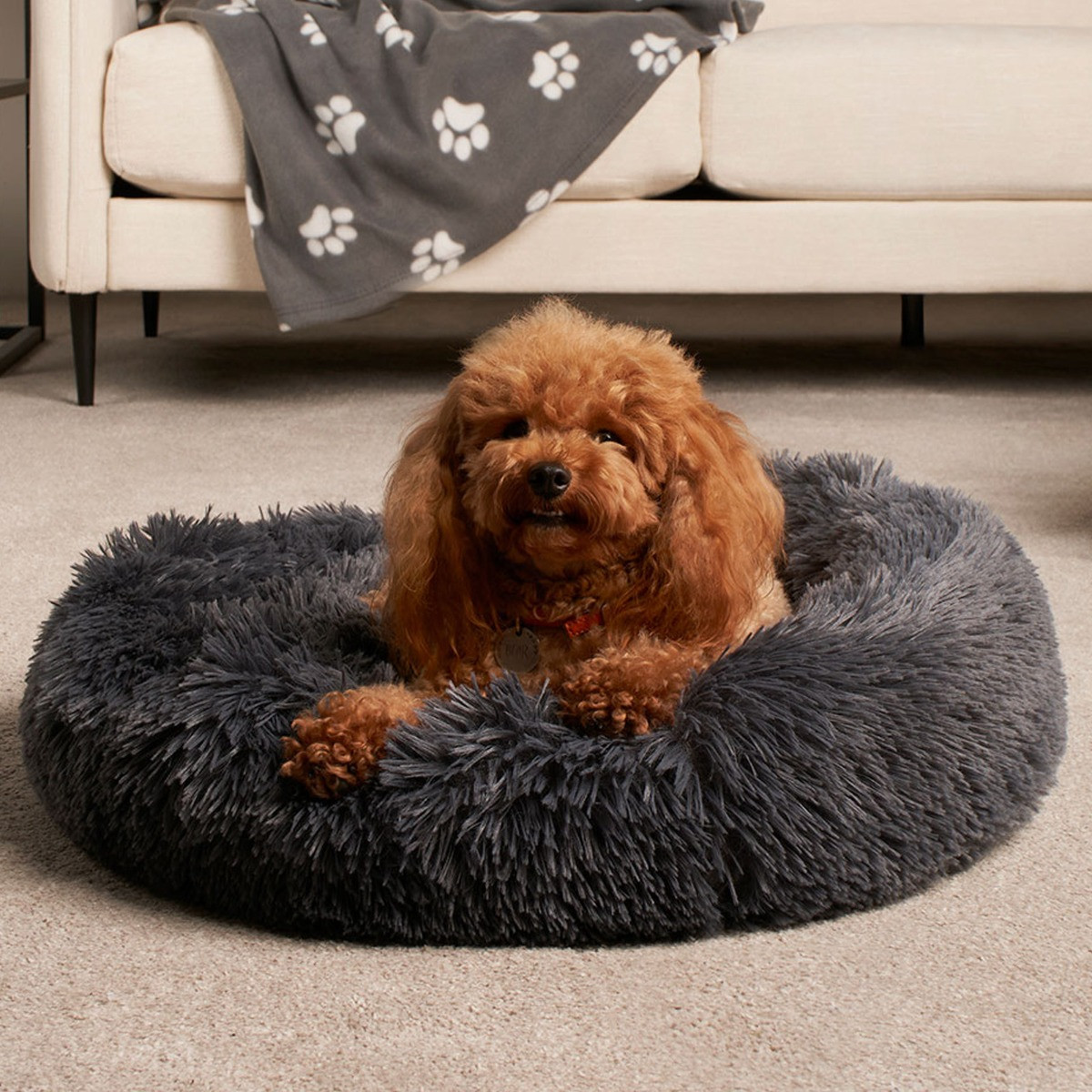 OHS Fluffy Round Calming Pet Bed, Charcoal - Large>