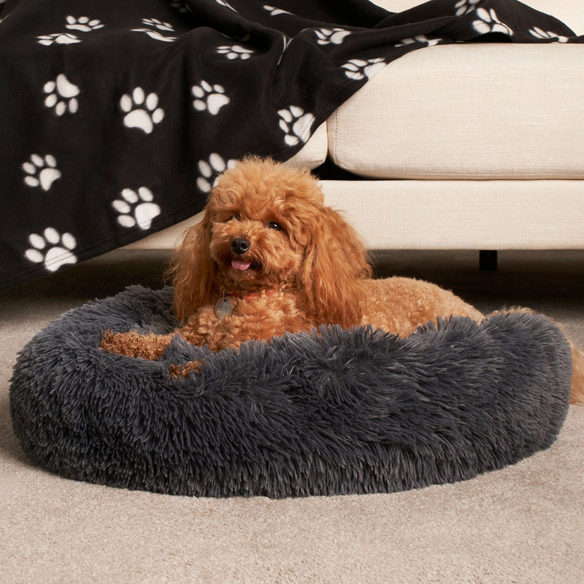 OHS Fluffy Round Calming Pet Bed, Charcoal - Large>