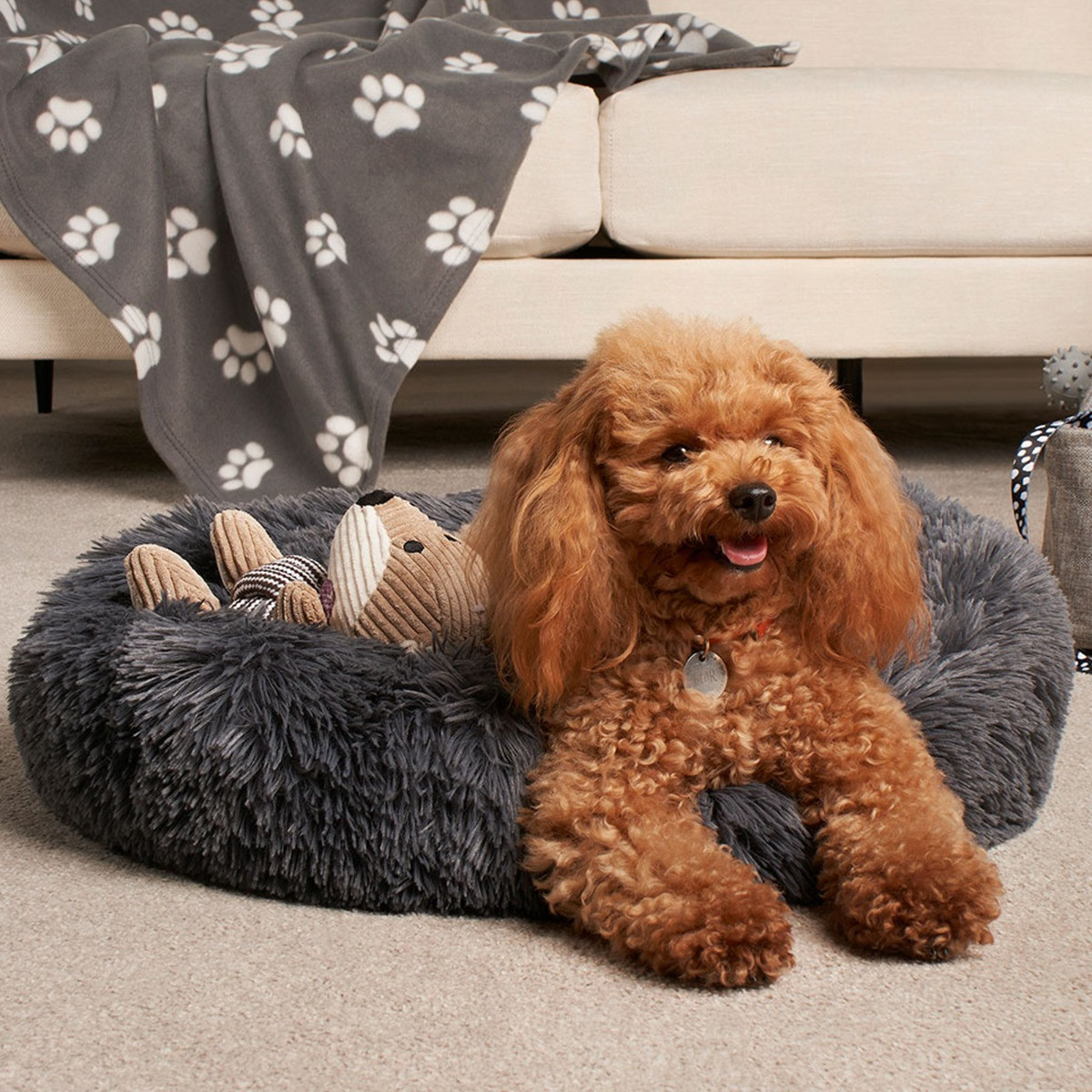 OHS Fluffy Round Calming Pet Bed - Charcoal>