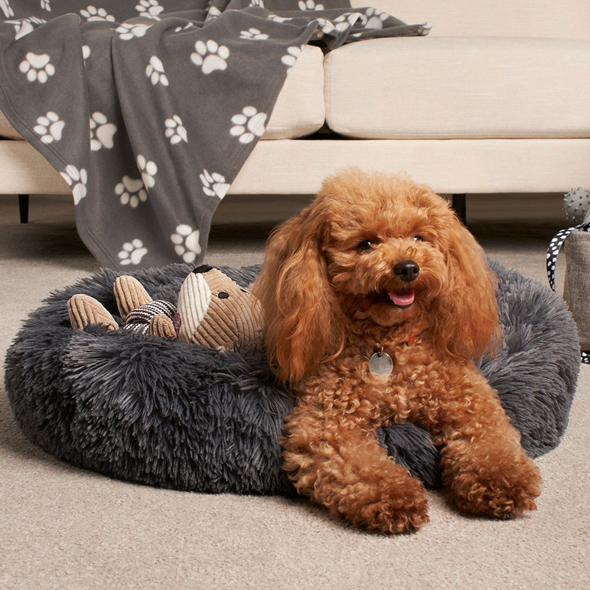 OHS Fluffy Round Calming Pet Bed, Charcoal - Medium>
