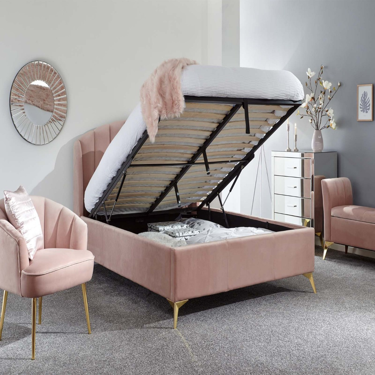 Pettine End Lift Ottoman Storage Bed - Blush Pink>