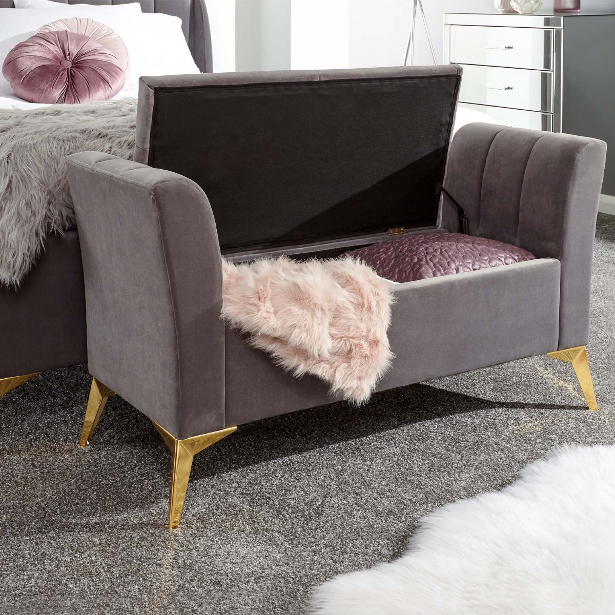 Pettine Fabric Ottoman Storage Bench - Grey>