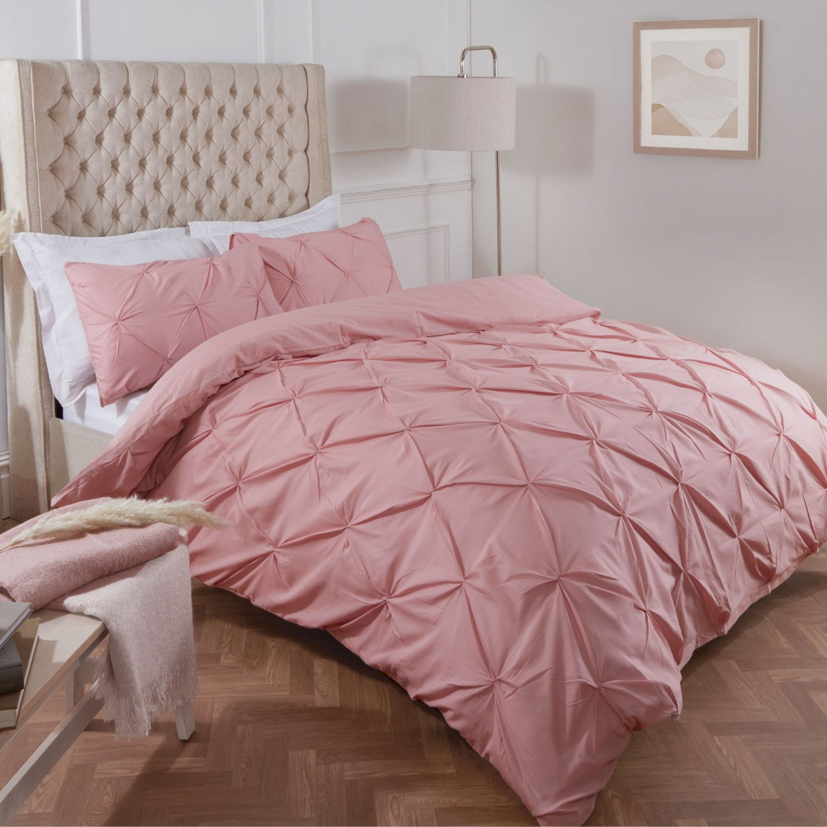 Highams Diamond Pintuck Pinch Pleat Duvet Cover Set Blush Pink