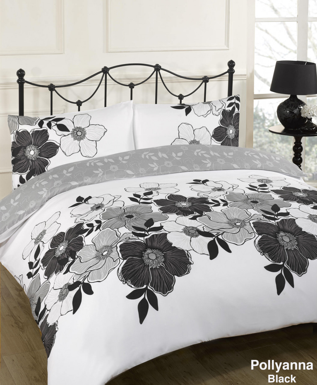Dreamscene Pollyanna Black Floral Duvet Quilt Cover Bedding Set - Black - Single>