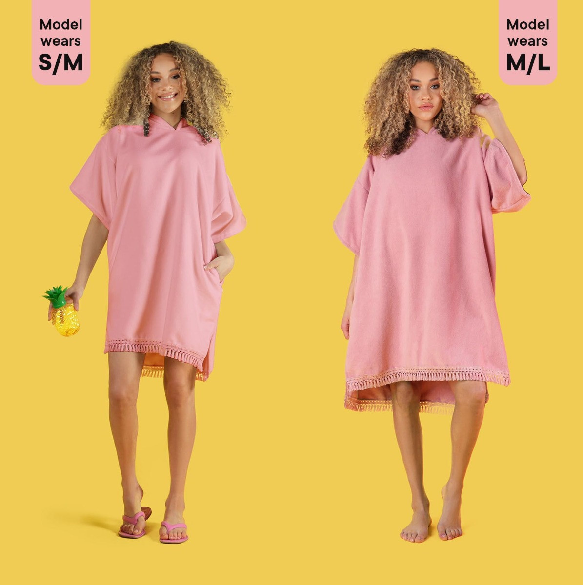 OHS Tassel Hem Short Sleeve Beach Cover Up Poncho Towel - Dusky Pink>