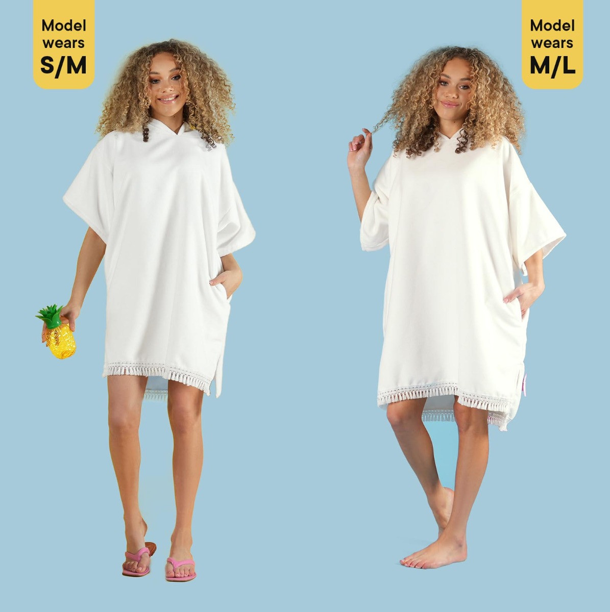 Sienna Tassel Hem Short Sleeve Beach Cover Up Poncho Towel - White>