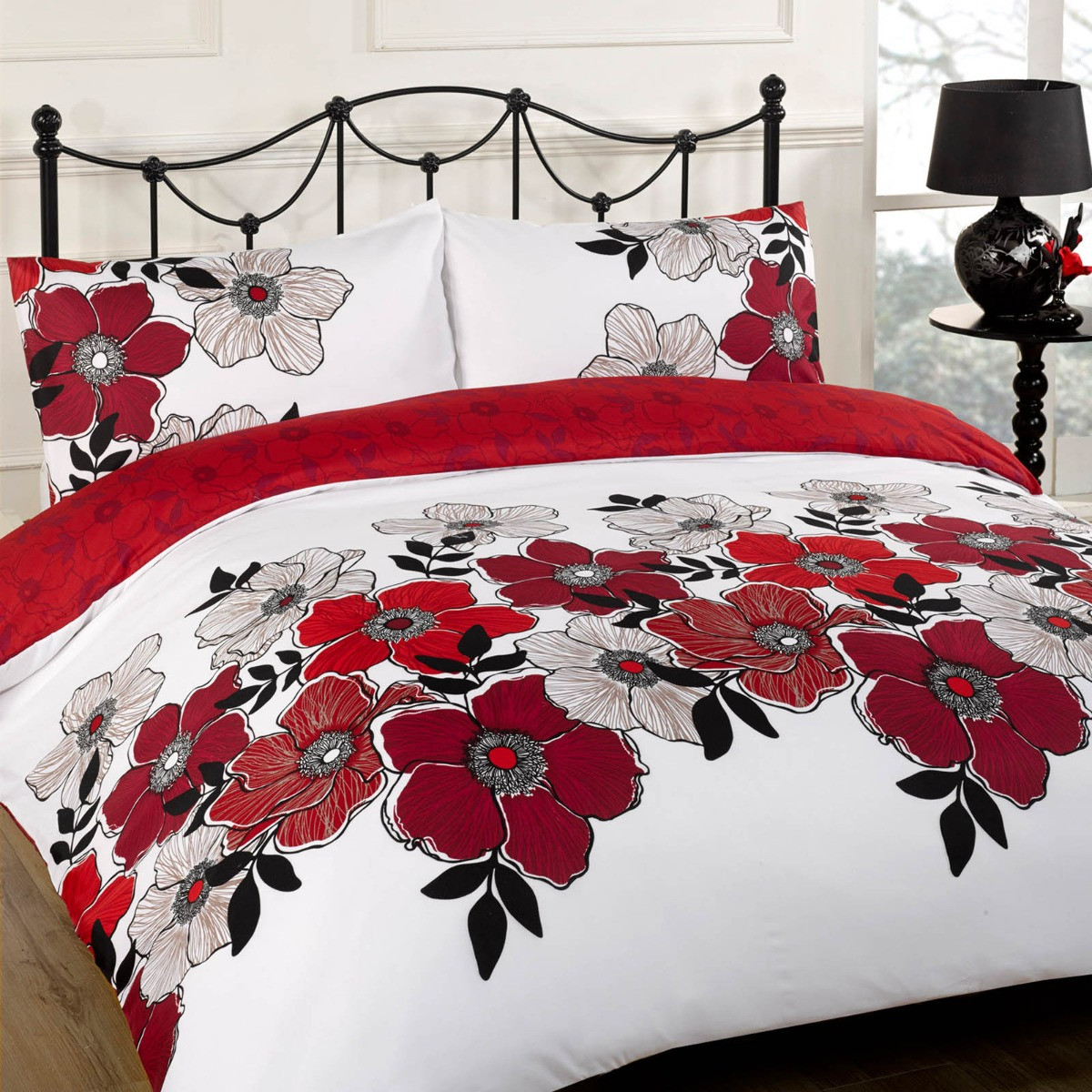Dreamscene Pollyanna Floral Duvet Quilt Cover Bedding Set - Red - Double>