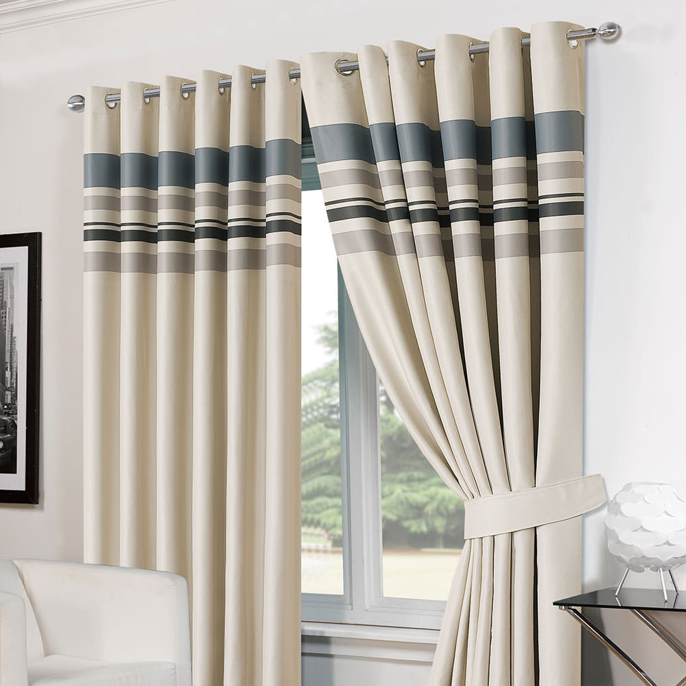 Luxury Ring Top Fully Lined Pair Thermal Blackout Ready Made Eyelet Curtain Silver Grey Striped 66" width x 90" drop including Free Tie backs>