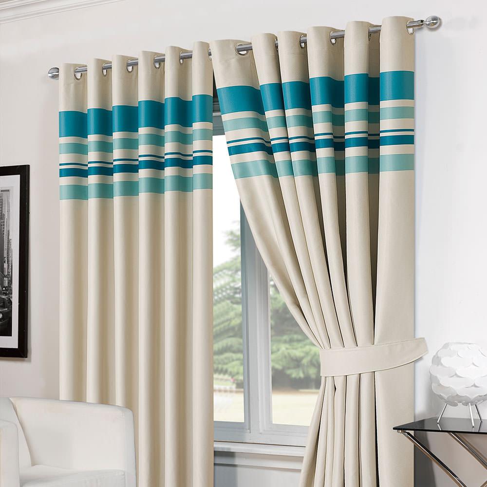 Luxury Ring Top Fully Lined Pair Thermal Blackout Ready Made Eyelet Curtain Teal Striped 90" width x 72" drop including Free Tie backs>