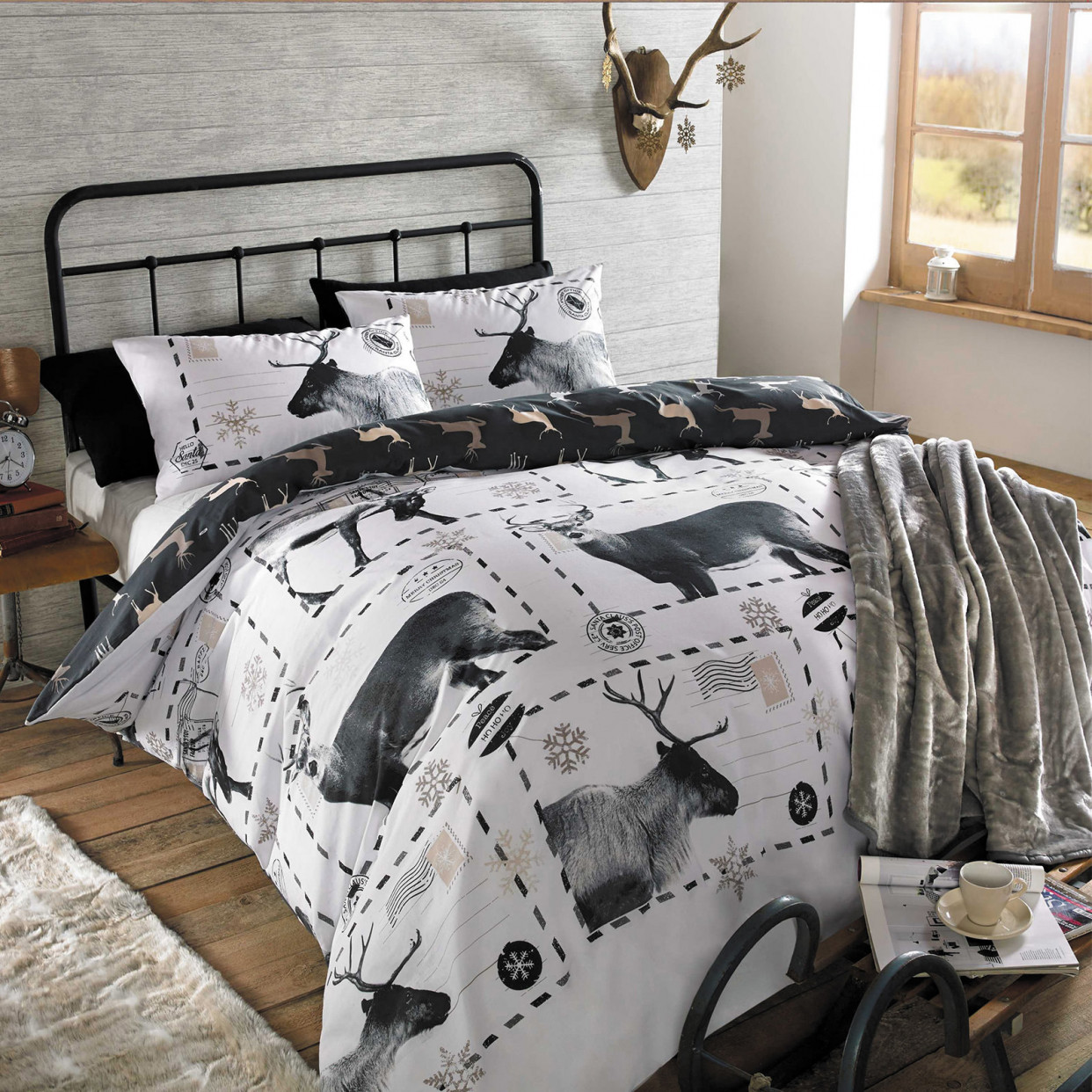 Duvet Cover with Pillow Case Bedding Set Reindeer Postcard - Double>