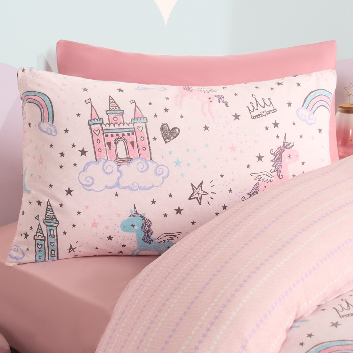 OHS Unicorn Kingdom Duvet Set, Pink - Double>