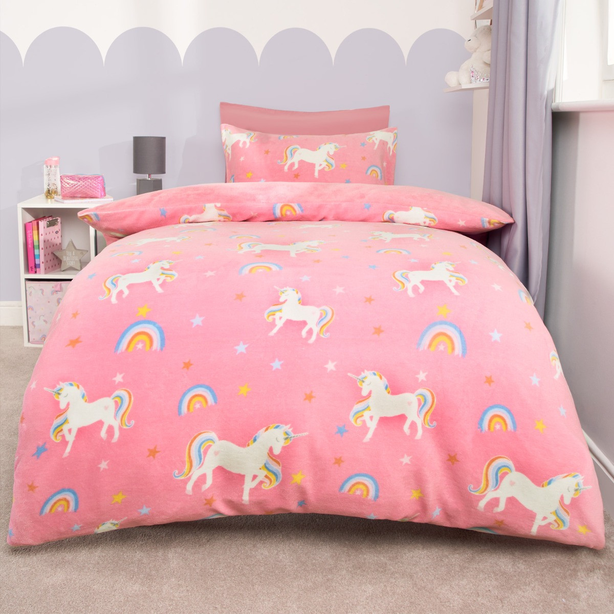 OHS Unicorn Print Fleece Duvet Set, Pink - Junior>