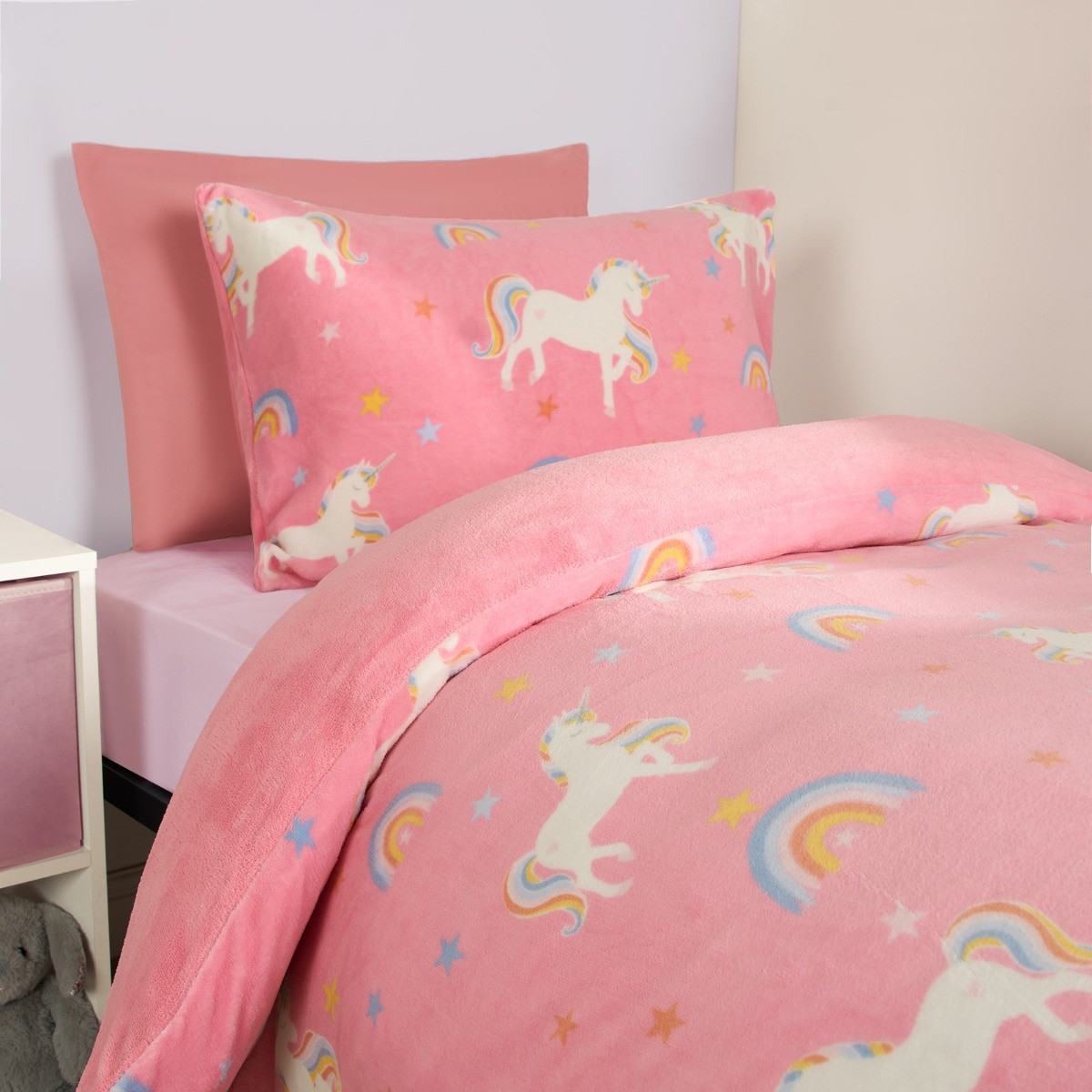 OHS Unicorn Print Fleece Duvet Set, Pink - Junior>