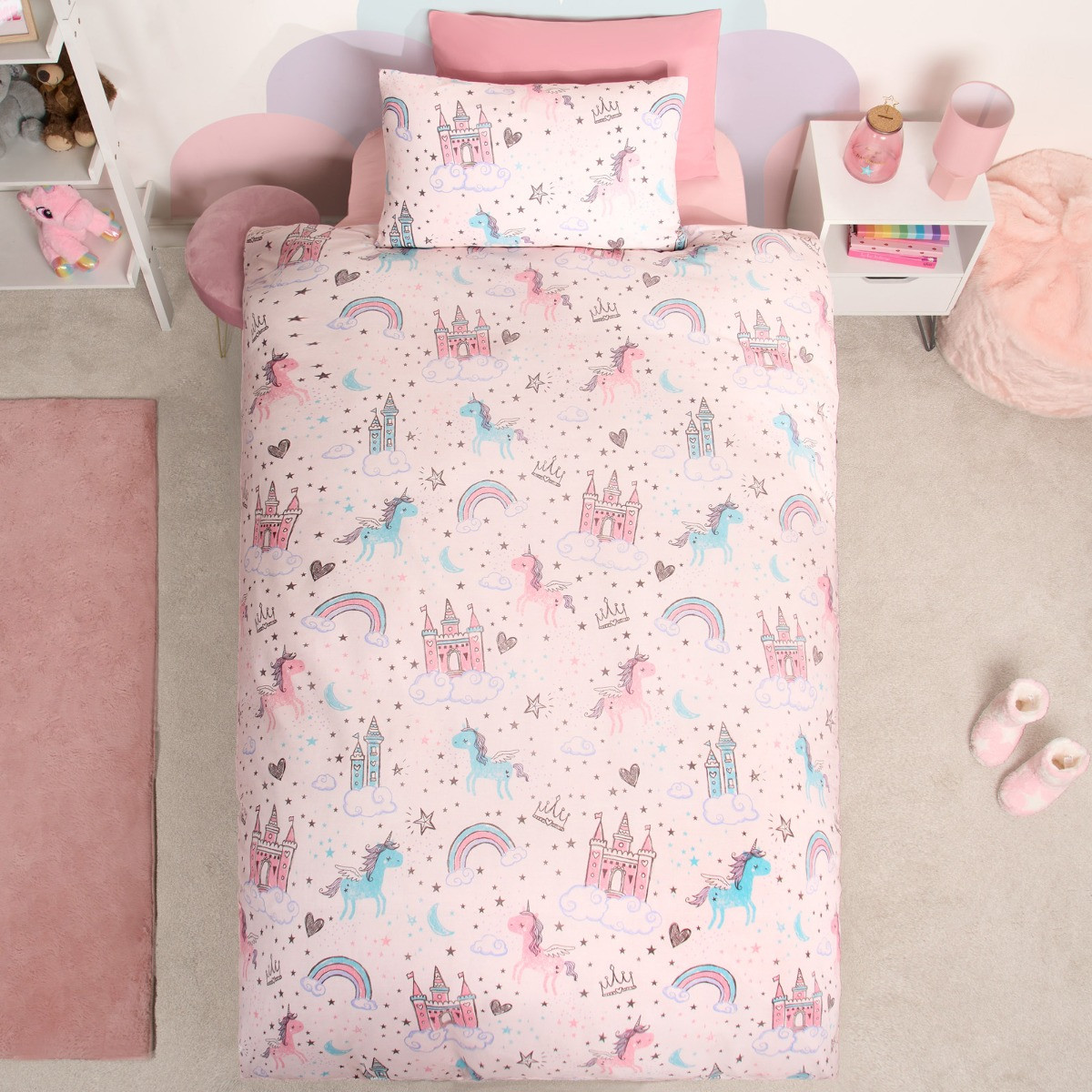 OHS Unicorn Kingdom Duvet Set, Pink - Double>