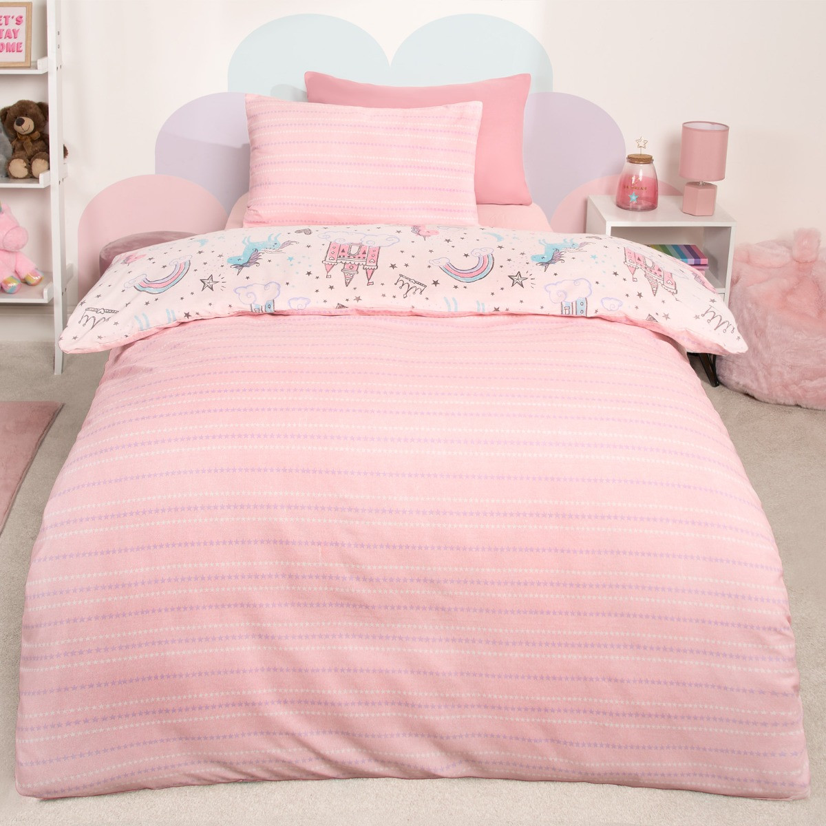 OHS Unicorn Kingdom Duvet Set, Pink - Double>