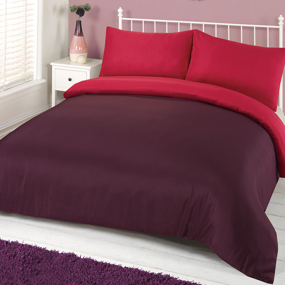 Brentfords Plain Duvet Double Cover with Pillowcases- Purple/Pink>