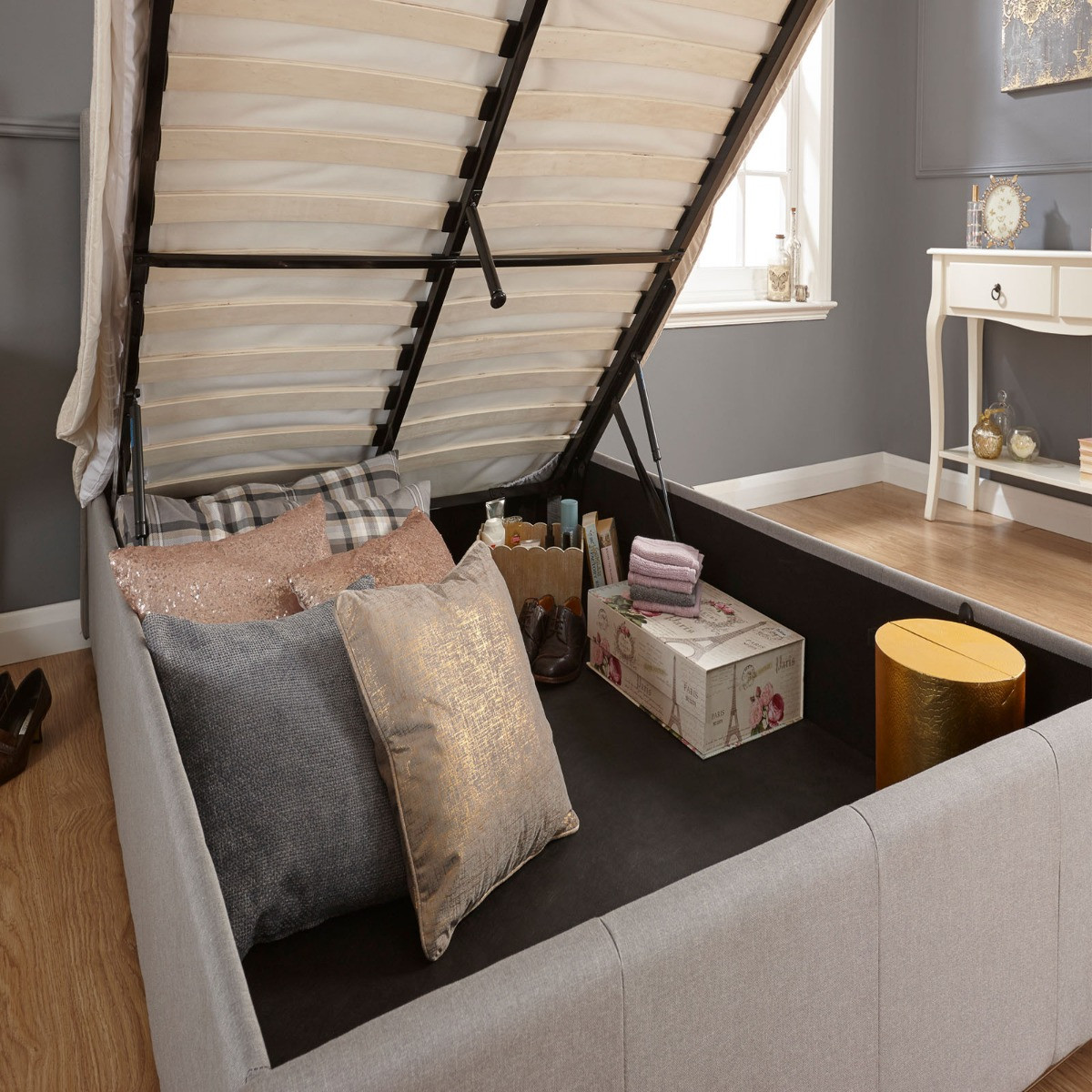 Utah Ottoman Storage Bed, 5ft King - Sundance Grey>