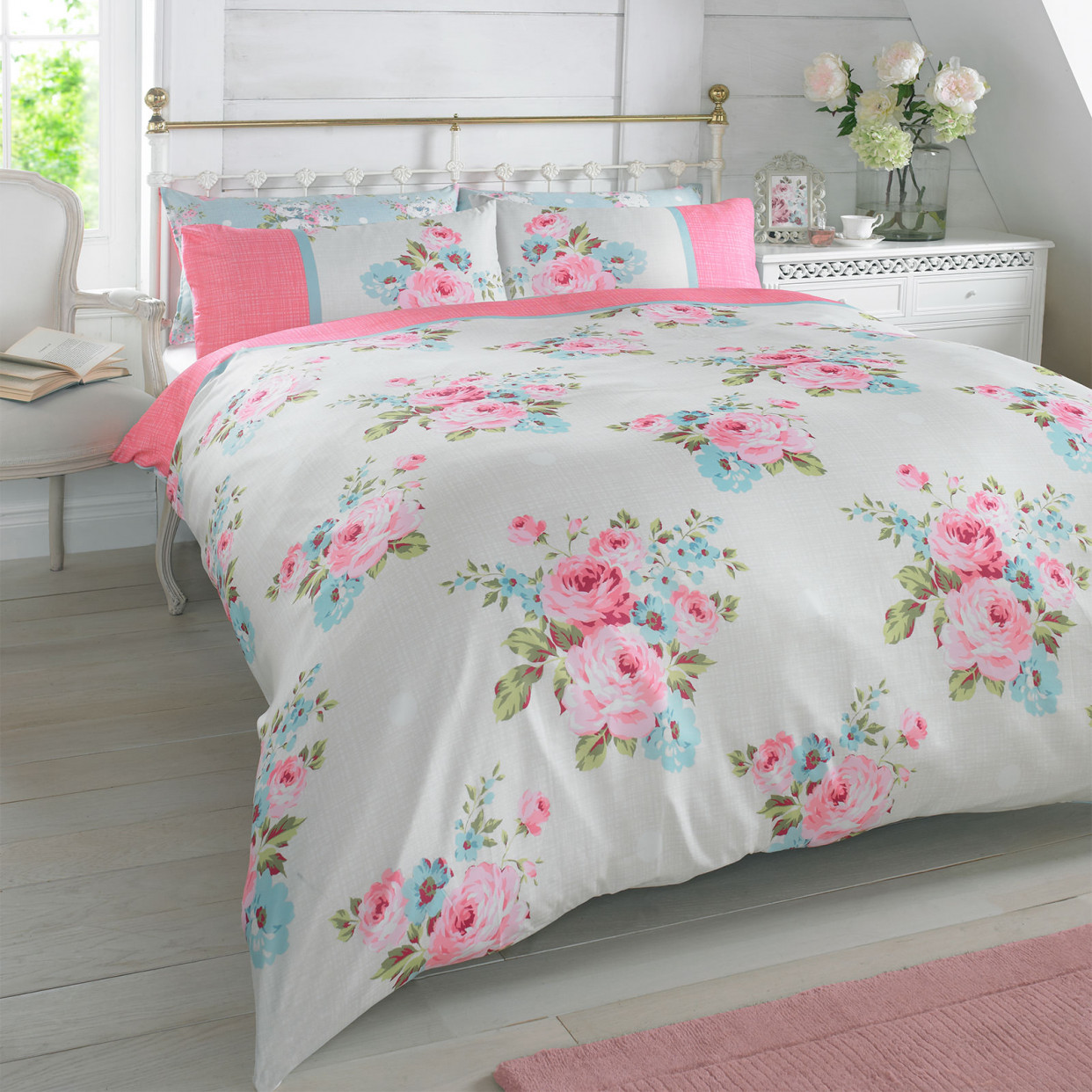Duvet Cover with Pillowcase Bedding Set Floral Rosie Pink Blue Green - Double>
